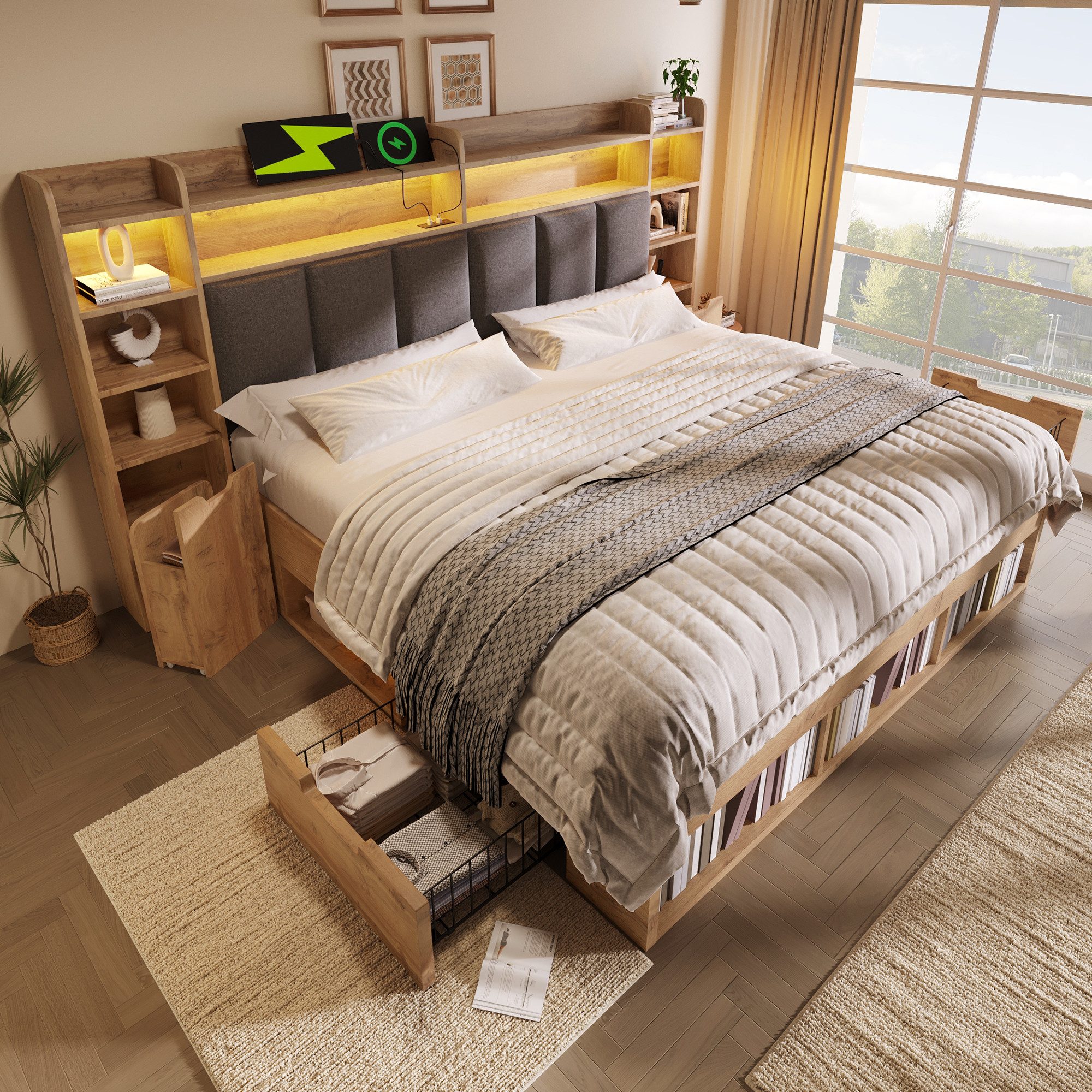 Flieks Holzbett, Systembett 180x200cm mit Polsterkopfteil LEDleiste Aufladen Schubladen