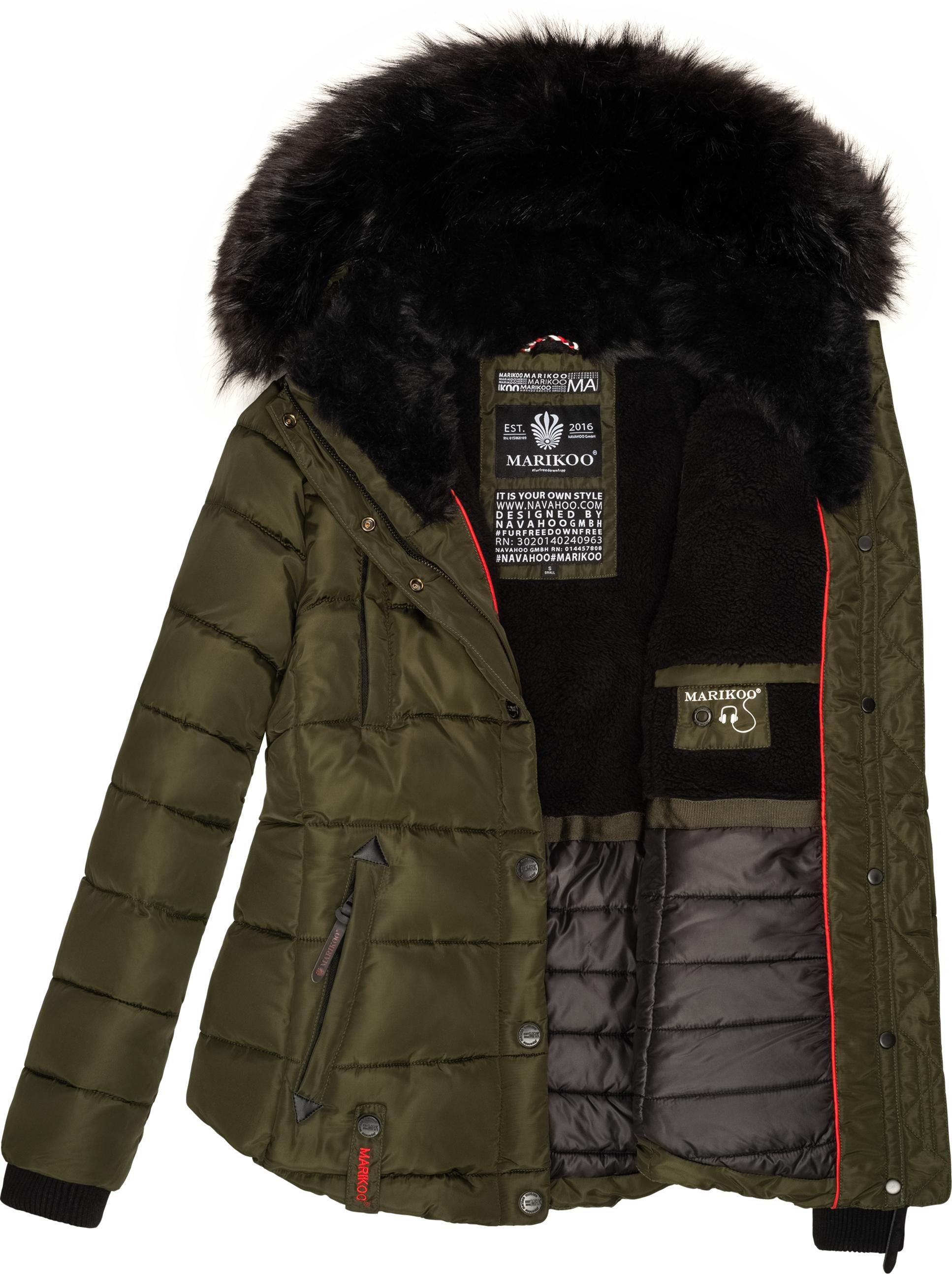 Marikoo Steppjacke Lotusblüte hochwertige Winter Jacke mit edler Kunstpelz Kapuze