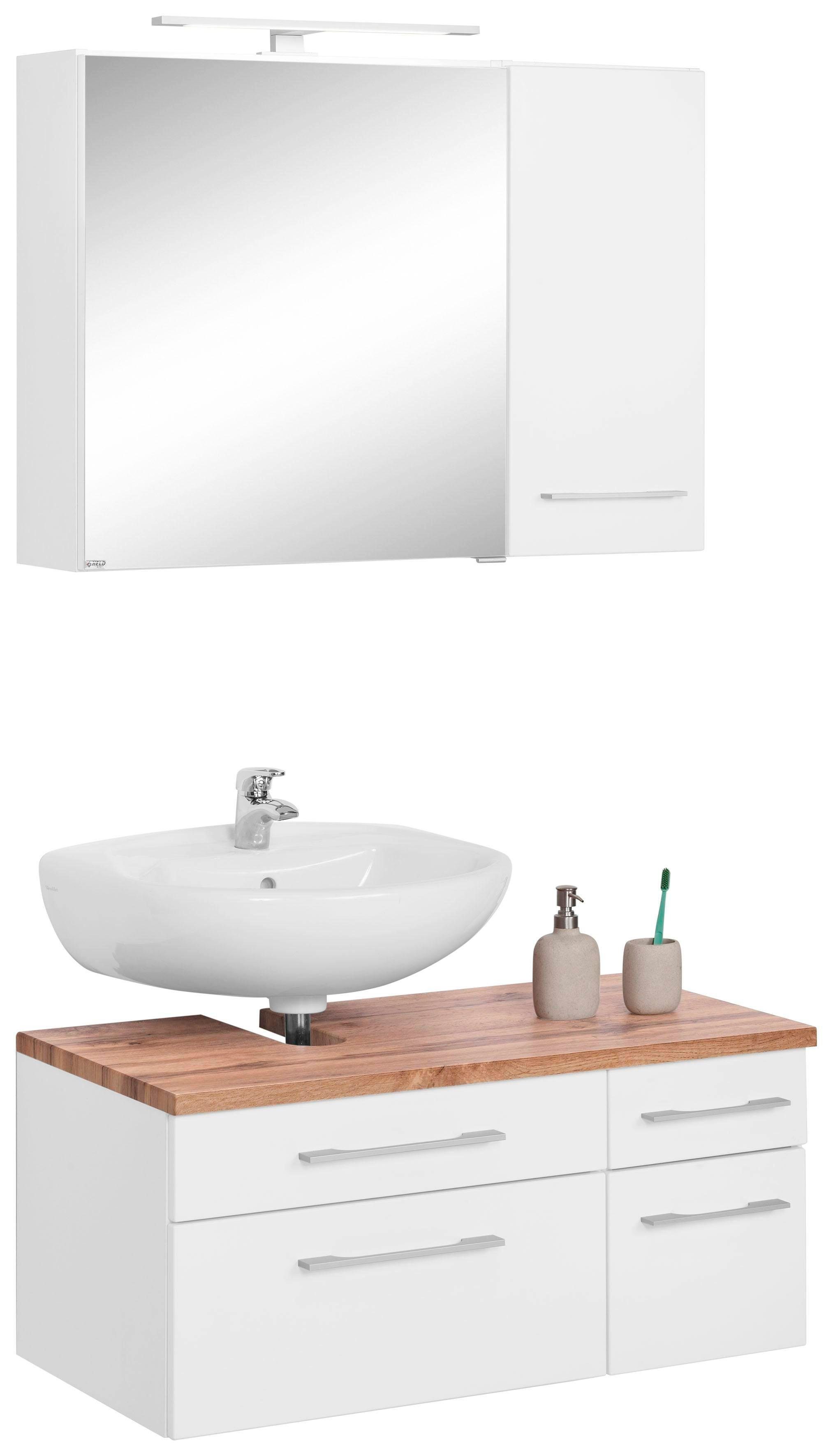 welltime Badmöbel-Set Davos, (3-St), mit LED-Beleuchtung, Hängeschrank und Waschbeckenunterschrank