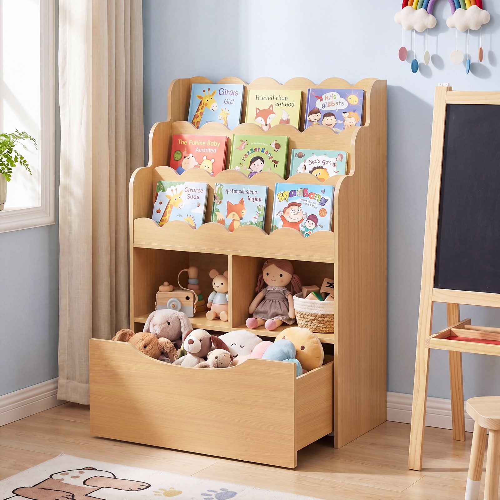 COSTWAY Kinderregal, Spielzeugregal mit 5 Ebenen, Schubladen auf Rollen & 2 offenen Fächern