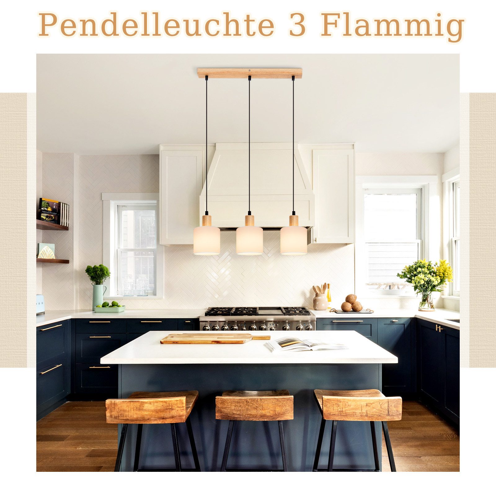 ZMH Pendelleuchte Esszimmer 3 Flammig Weiß E14 Hängeleuchte Vintage Holz Treppenhaus, Einfache Installation, ohne Leuchtmittel, Weiß Rustikal Stoffschirm für Küche Wohnzimmer