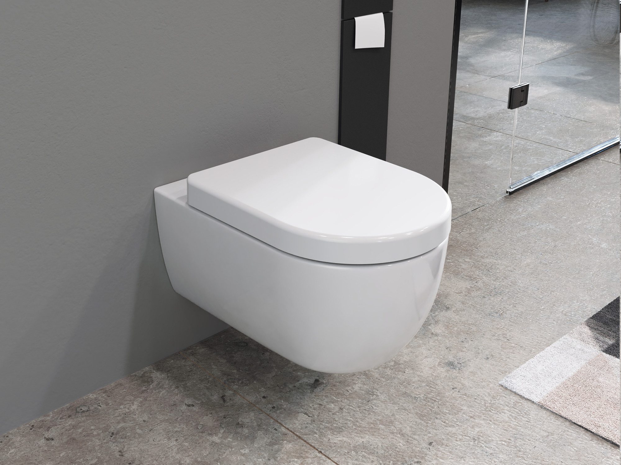 Aqua Bagno Tiefspül-WC Spülrandlose Toilette Wand-WC abnehmbarer Sitz mit Softclose, Wandmontage, Abgang waagerecht, WC-Set, Toilette ohne Rand inkl. Nanoversiegelung