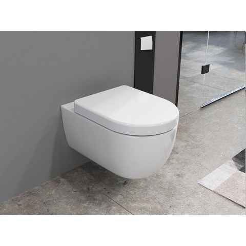 Aqua Bagno Tiefspül-WC Spülrandlose Toilette Wand-WC abnehmbarer Sitz mit Softclose, Wandmontage, Abgang waagerecht, WC-Set, Toilette ohne Rand inkl. Nanoversiegelung