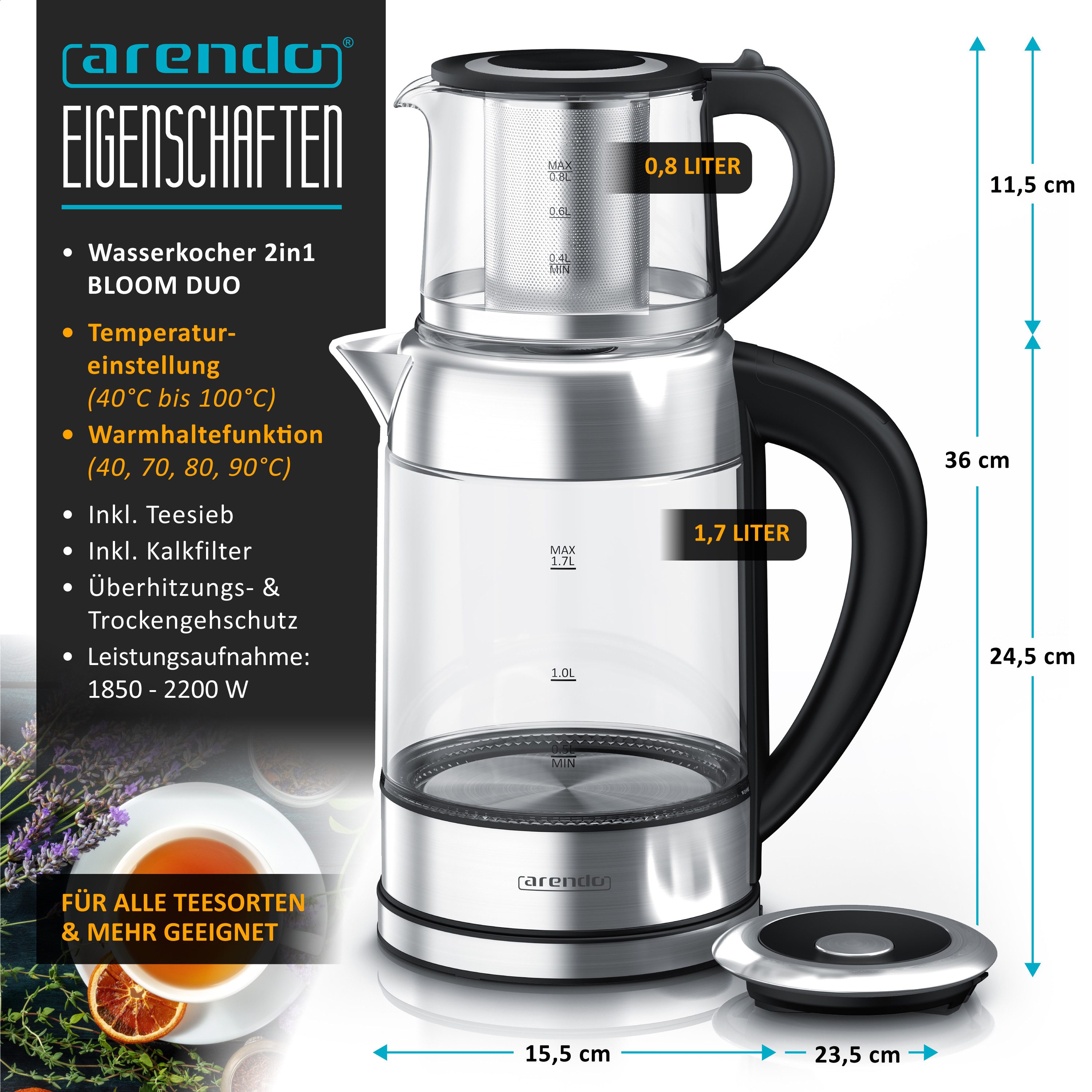 Arendo Wasserkocher aus Glas & Edelstahl, mit Temperatureinstellung und Teesieb, Teekocher, 1,7 l, 2200 W, Temperaturwahl 40 - 100 °C, Warmhaltefunktion, LED‑Farbring, BPA‑frei