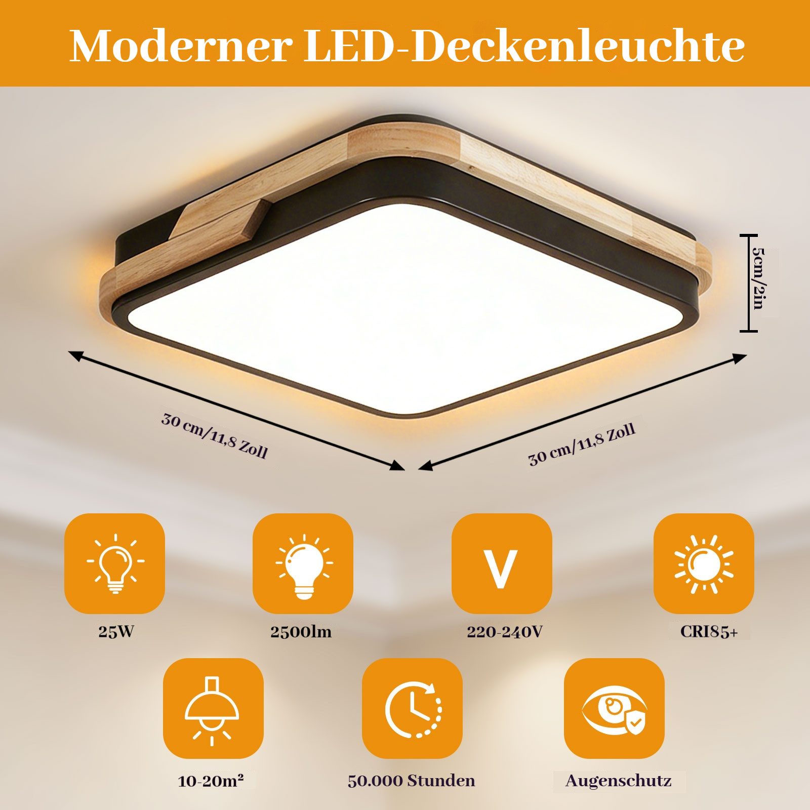 BlingBin LED Deckenleuchte 25/30 W, Warmweiß, 3000 K, Holzoptik, Deckenlampe für Innenbereich, 2500LM, LED fest integriert, Warmweiß, Naturholz Ceiling Light Für Wohnzimmer, Küche, Schlafzimmer