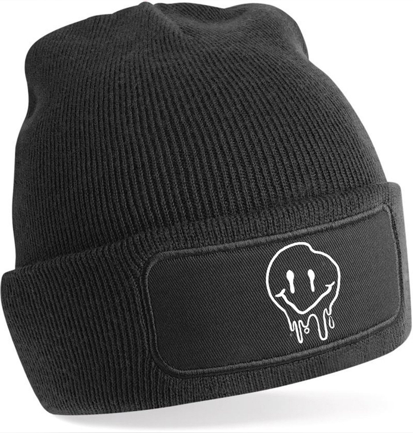 MyDesign24 Strickmütze für kalte Tage - Beanie mit Umschlag und stylischem Gesicht Print Coole Mütze Wintermütze für Männer, Frauen, Jungen und Mädchen i292