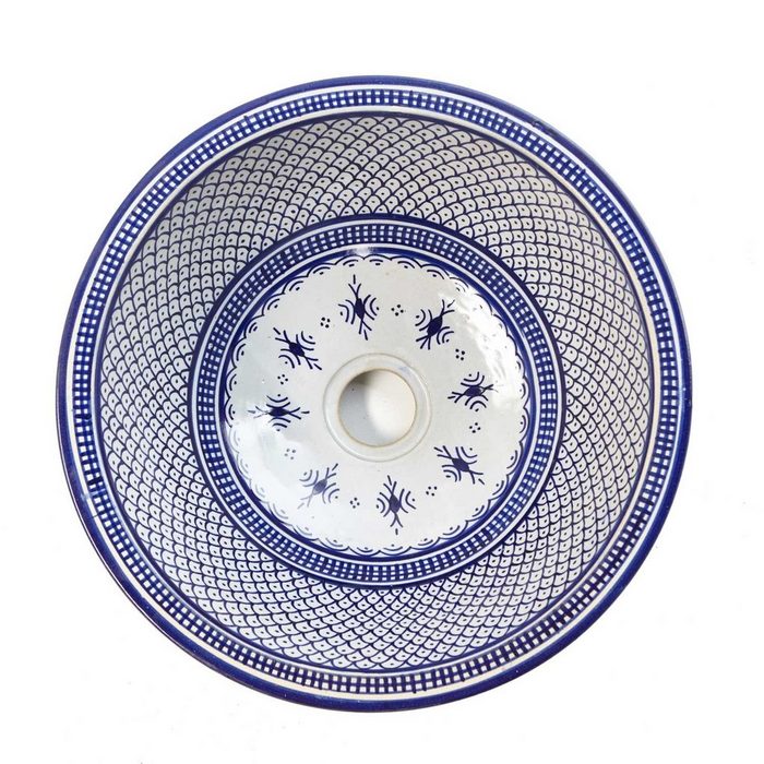 Casa Moro Waschbecken Orientalisches Keramik-Waschbecken Fes32 Blau weiß Ø 35cm handbemalt (Aufsatzbecken für Küche Badezimmer Gäste-Bad Marokkanisches Handwaschbecken) handgefertigt & handbemalt WB35203