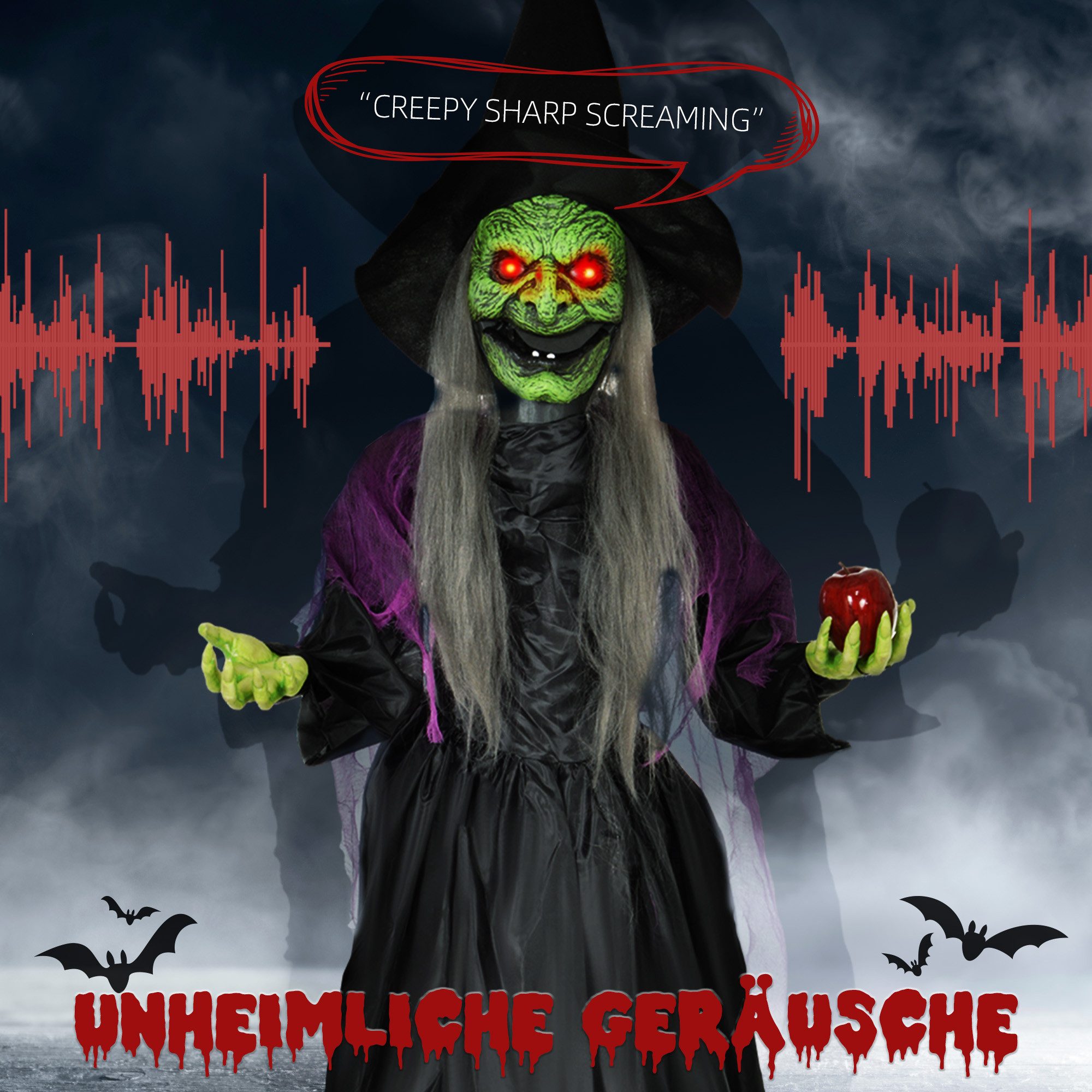 HOMCOM Dekofigur Halloween Hexe mit Leuchtenden Augen gruseligem Sound Deko (Halloween-Hexe mit Giftapfel, 1 St., Halloween Dekoration), in Lebensgröße für Part – Bild 4 von 5