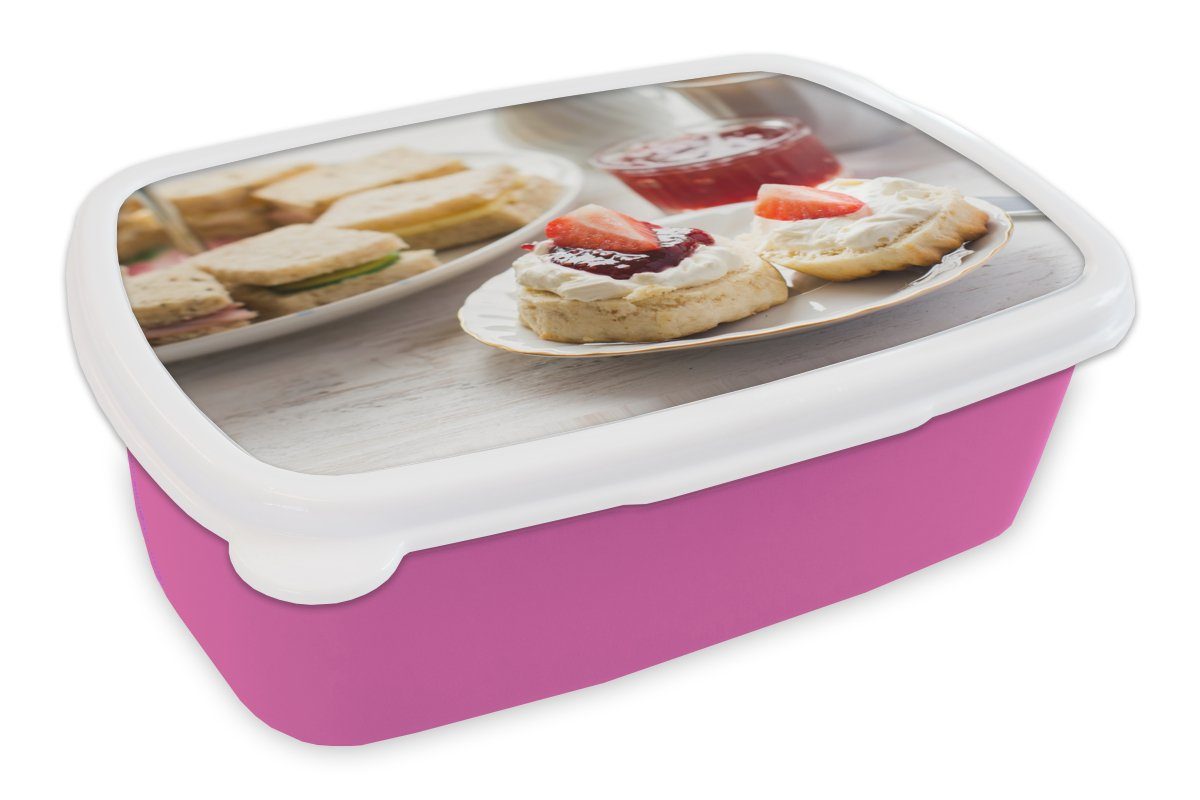 Brotdose Erwachsene, - Erdbeere Lunchbox rosa Kunststoff - Mädchen, Brotbox Kinder, MuchoWow (2-tlg), Frühstück Marmelade, für Snackbox, Kunststoff,