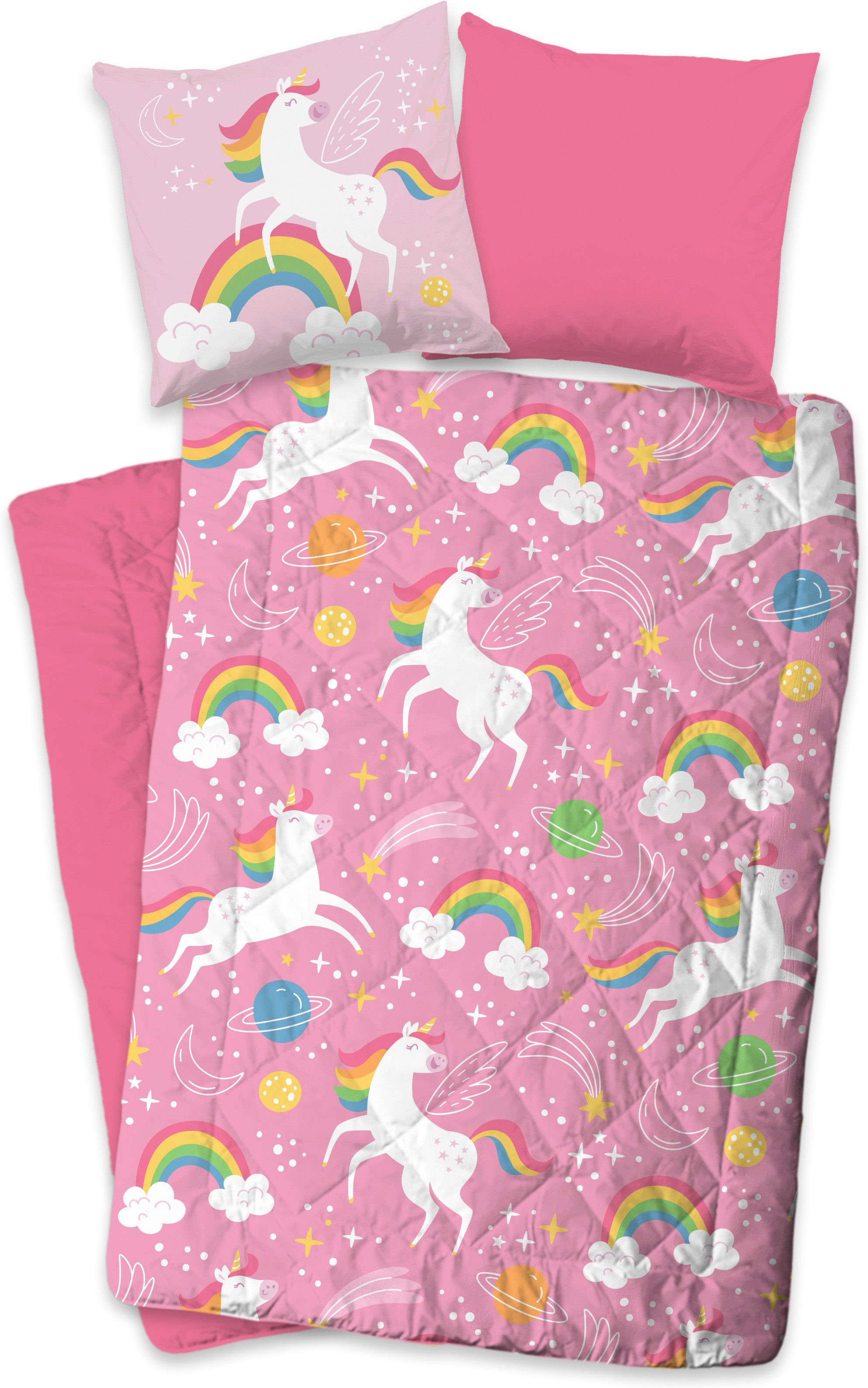 PURE luxury collection Microfaserbettdecke + Kopfkissen Bella, 2-in-1 Bettdecke, waschbar, 135x200, Wende, Mädchen, Einhorn, Rosa