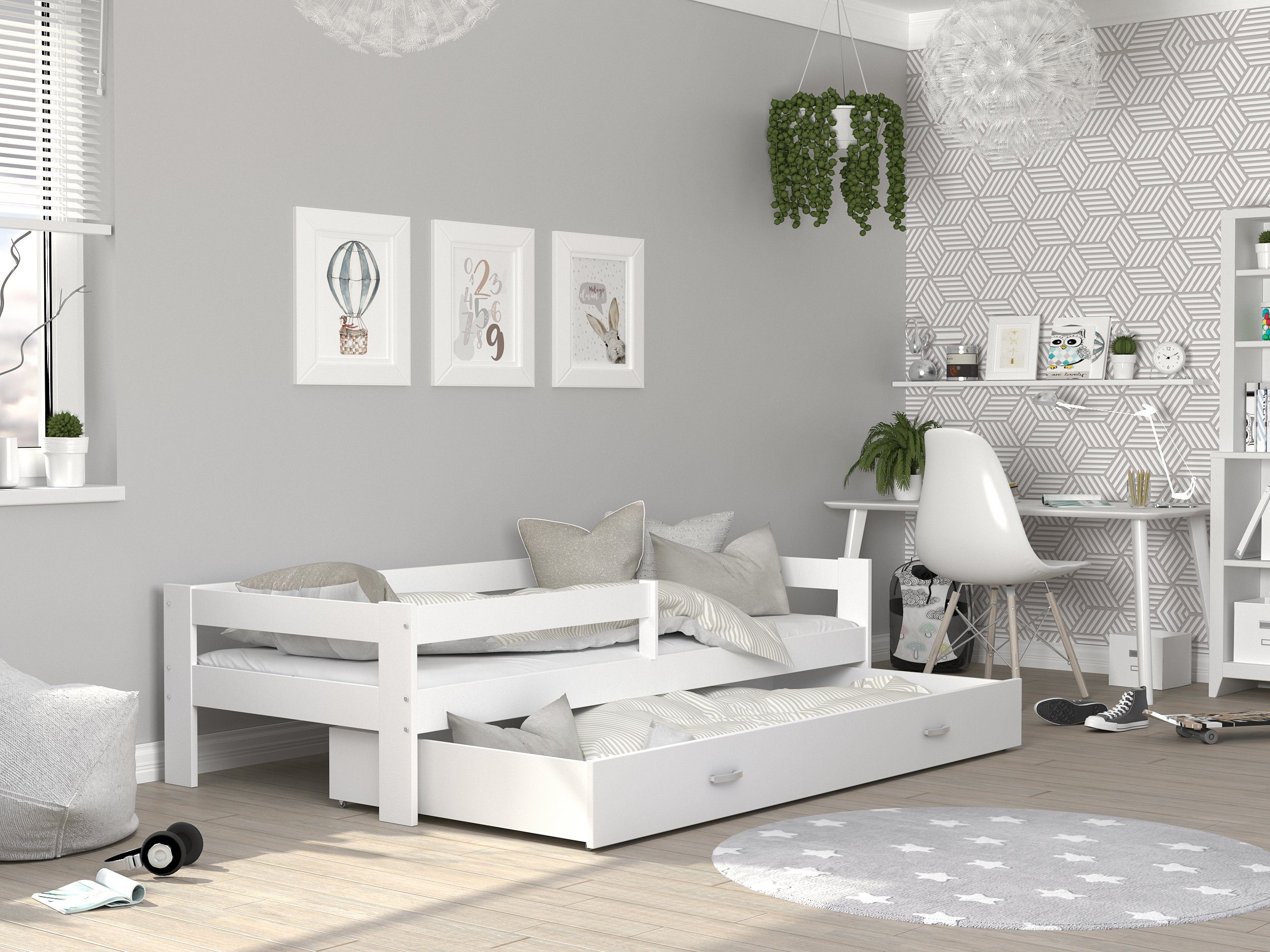 Siblo Einzelbett Amy (Flexibler Lattenrost, Schublade, Sicherheitsbarriere), Möbelplatte, Massivholz Weiß