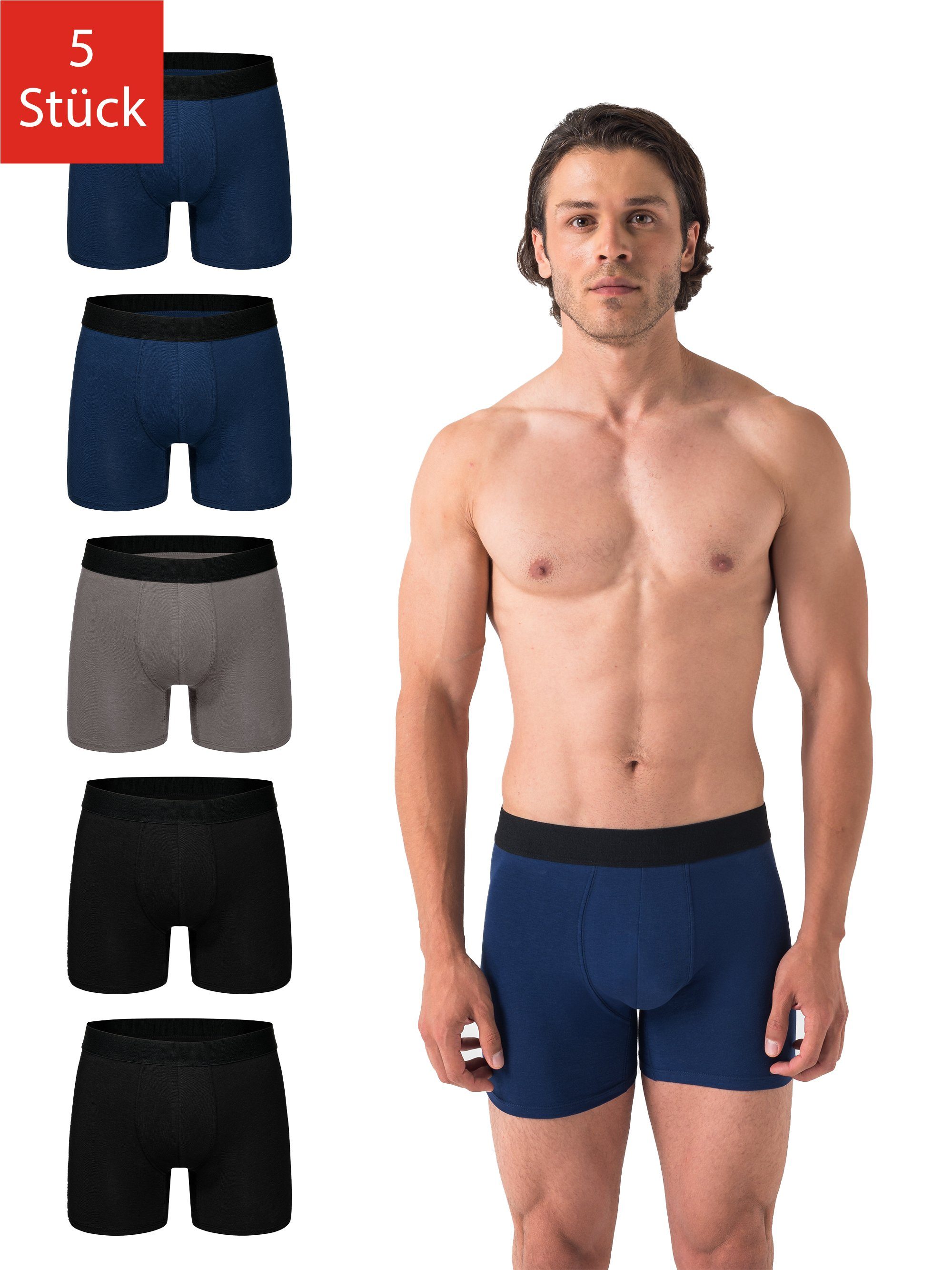 Barrio 13 Retro Boxer Herren Boxershorts Unterhosen aus Baumwolle (Packung, Set, Spar-Pack, 5-St., 5er-Pack) mit Komfortbund, ohne Logo 2x Schwarz + 2x Blau + 1x Anthrazit