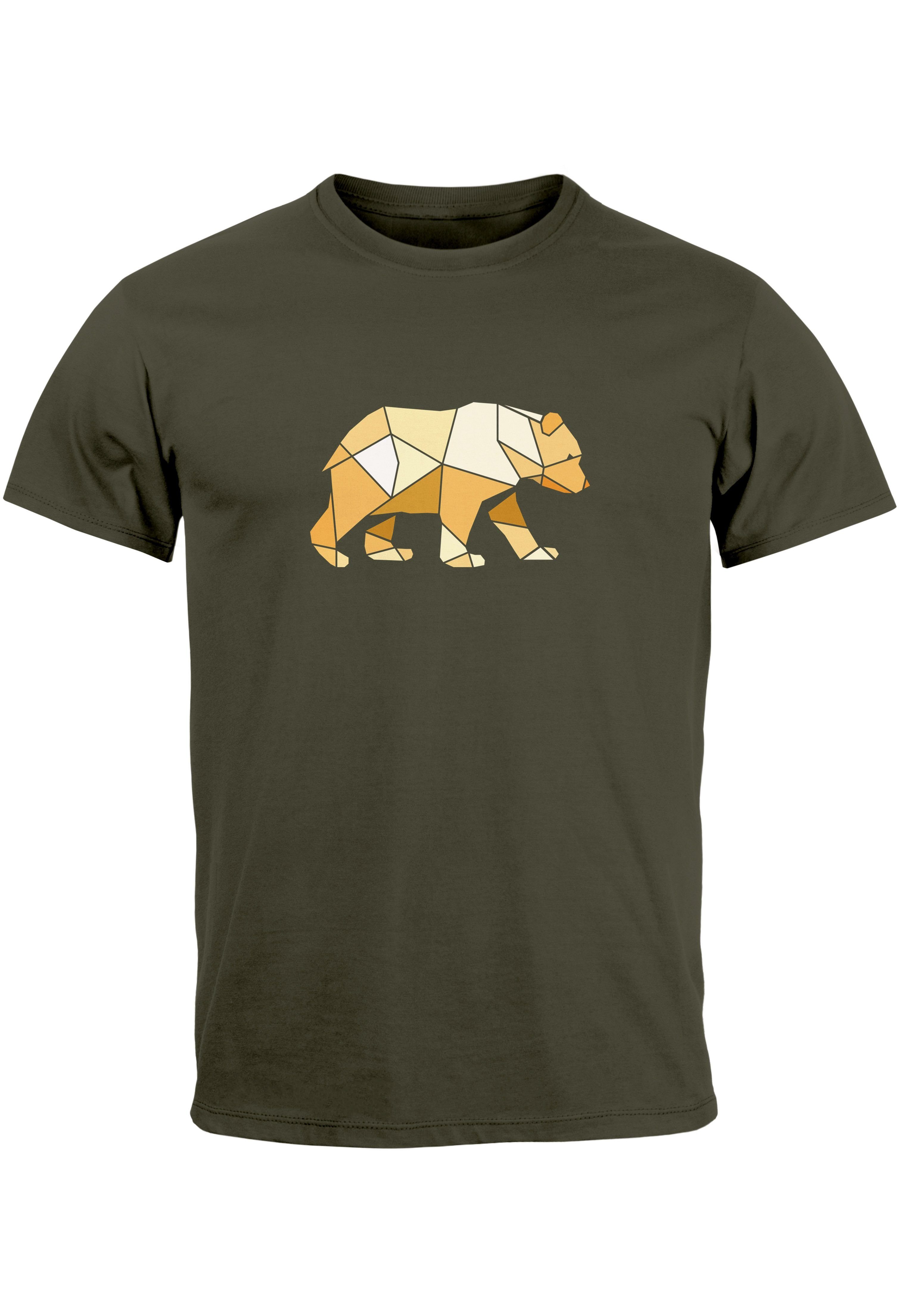 Neverless Print-Shirt Herren T-Shirt Bär Aufdruck Grafik Outdoor Polygon Motive Printshirt N mit Print army