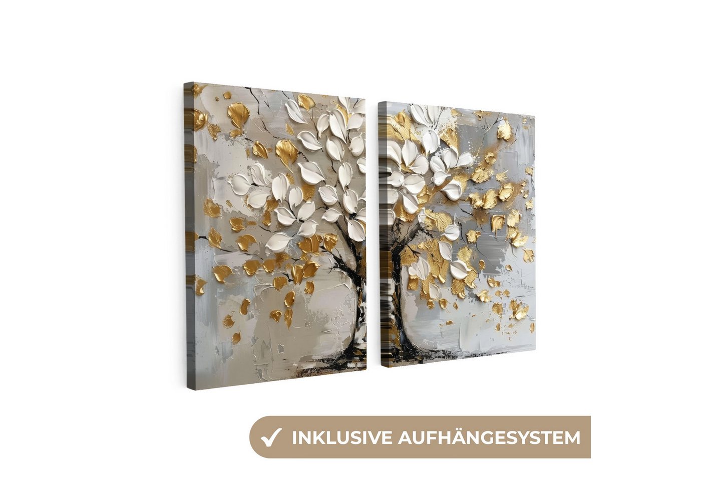 MuchoWow Leinwandbild Baum - Weiß - Gold - Lackoptik, Fotodruck (2 St), Wand Bilder 2 Set, Deko Schlafzimmer Wohnzimmer Flur 60x40 cm