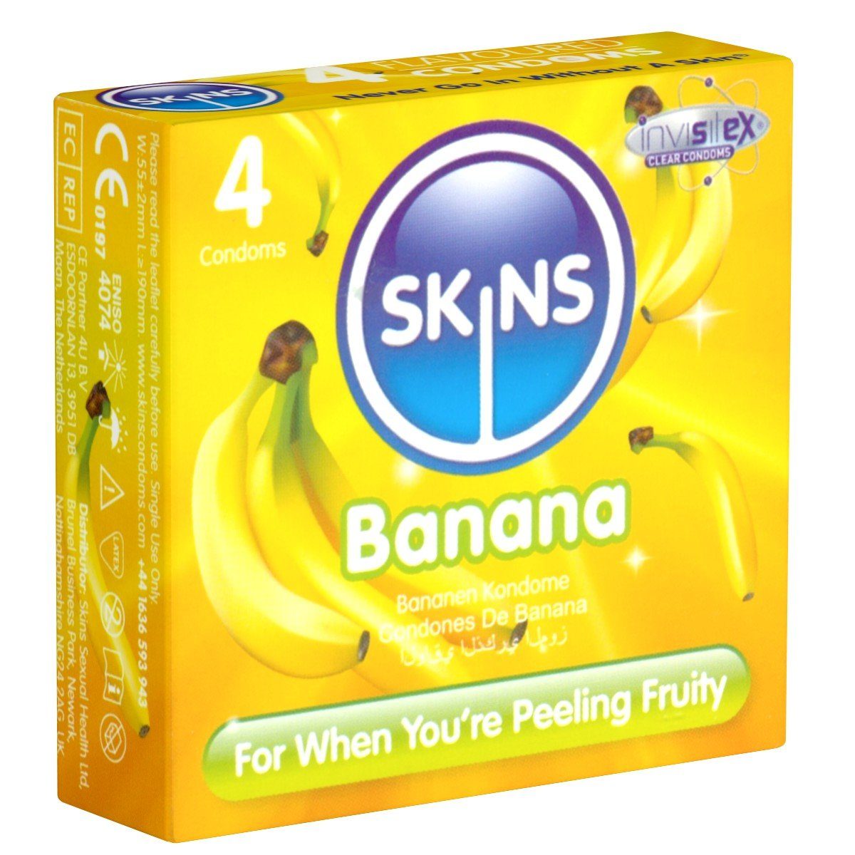 SKINS Condoms Презервативы Banana, samtweiche Oberfläche, fühlt sich an wie "echt", Packung mit, 4 St., Презервативы mit feinem Bananenaroma, durchsichtiges Latex (kristallklar), kein Latexgeruch