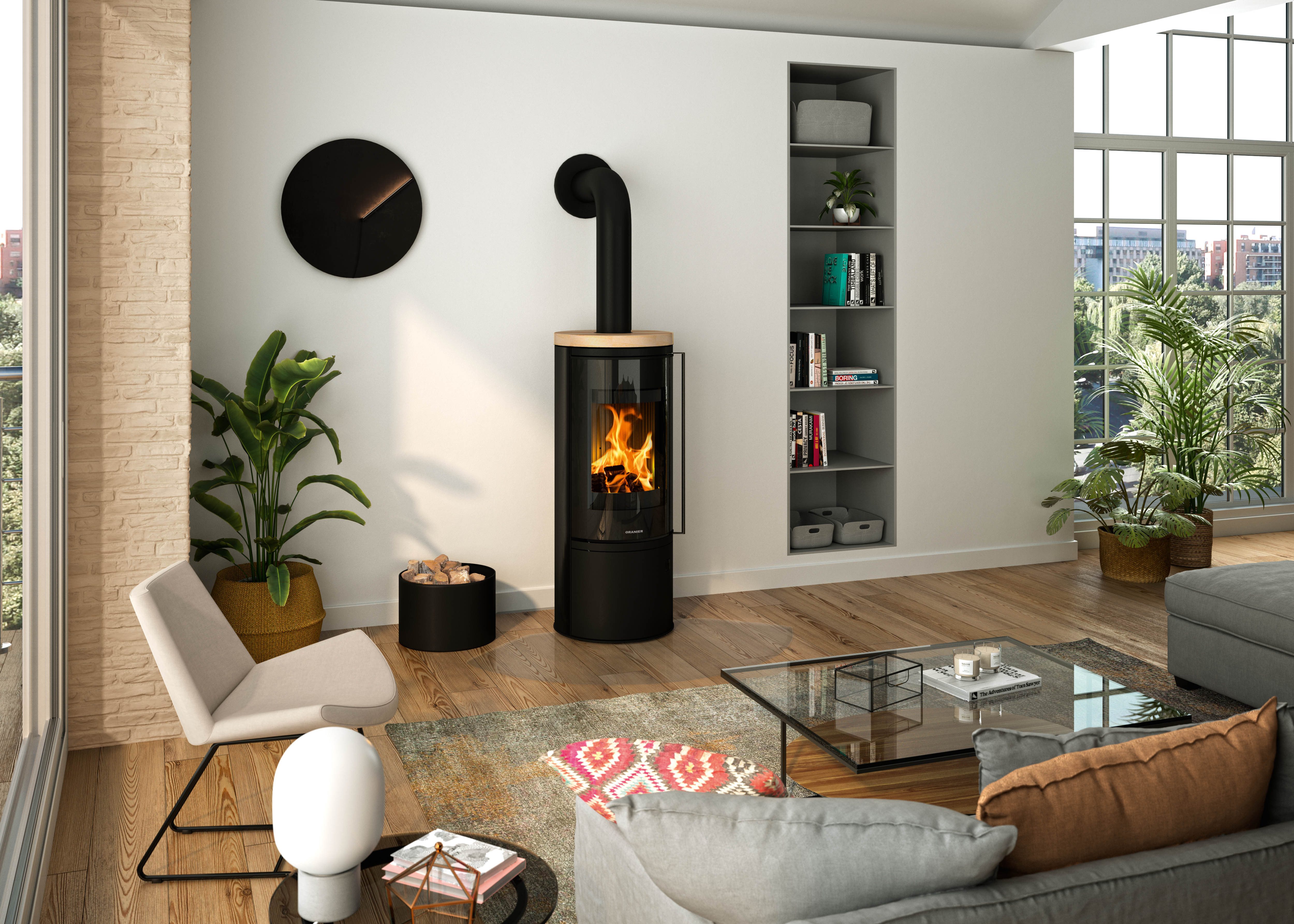 Oranier Kaminofen »Arena 2.0«, 7 kW, Zeitbrand, (2-tlg), Abdeckplatte aus Sandstein, sandfarben