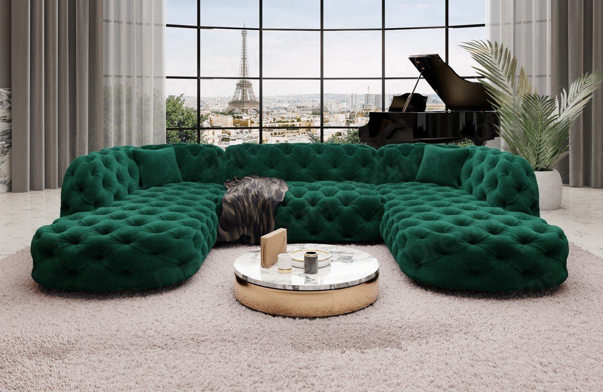 Sofa Dreams Wohnlandschaft Samtstoff Sofa Designer Couch Lanzarote U Lounge Stoffsofa, Couch im Chesterfield Look grün37