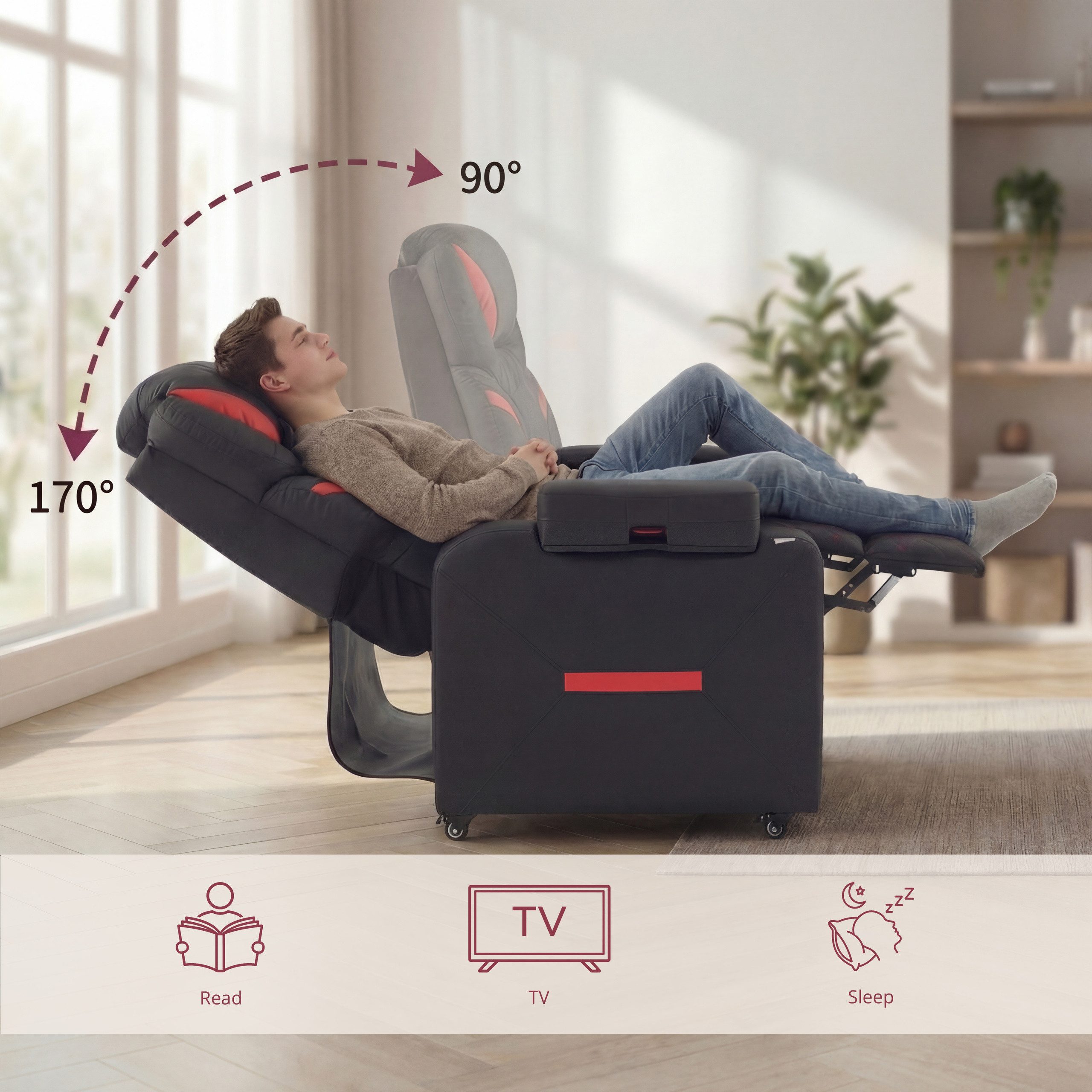 hjh OFFICE Loungesessel Loungesessel Game Sport RX Kunstleder, Gaming Relax Sessel mit Kopfstütze, 90–170° Neigungswinkel, drehbar