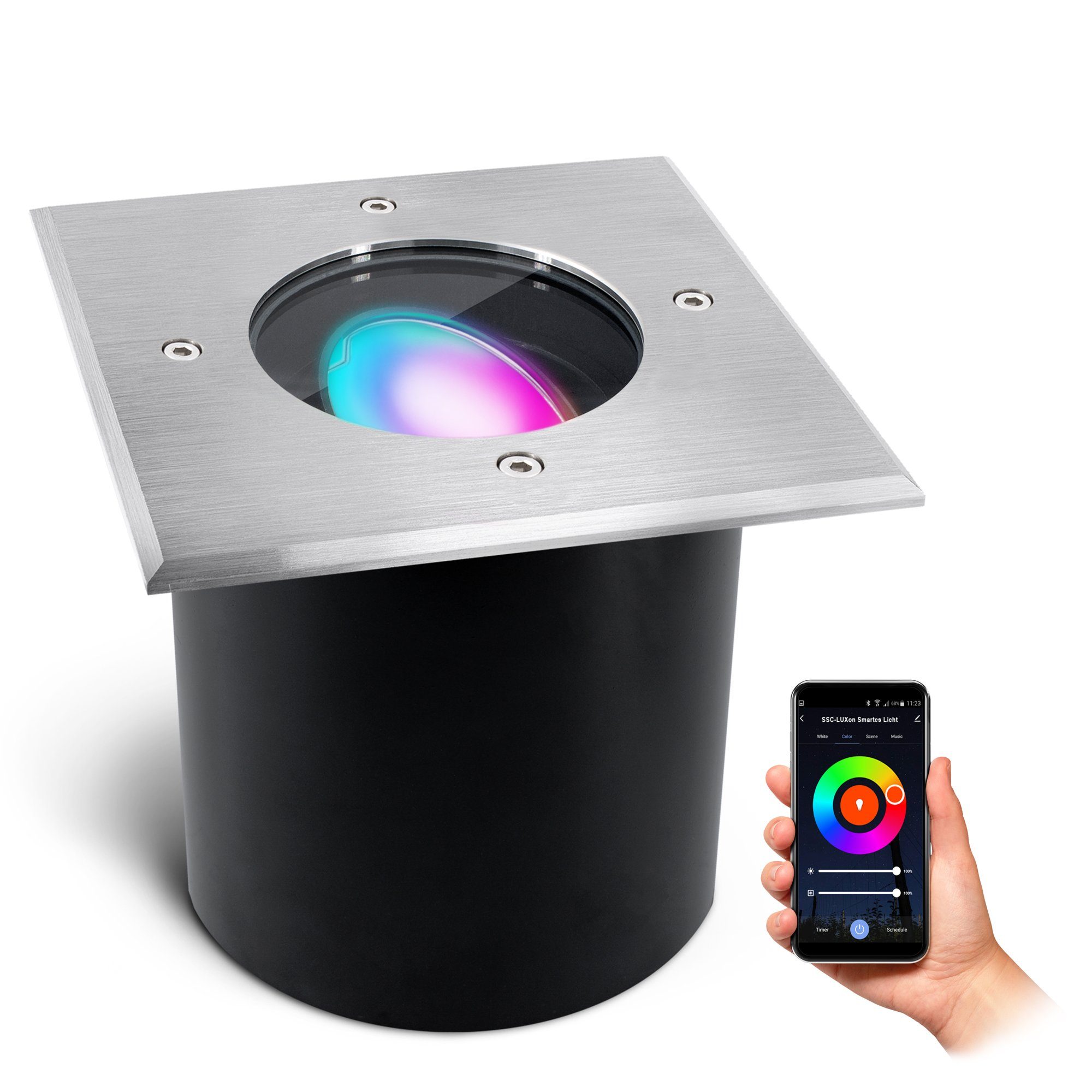 SSC-LUXon LED Gartenstrahler JADINA flacher Bodenstrahler schwenkbar eckig IP67 mit Smart RGB LED, RGB & Weißtöne