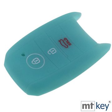 mt-key Schlüsseltasche Autoschlüssel Silikon Schutzhülle fluoreszierend Blau + Schlüsselband, für KIA Picantio Rio Ceed Soul Sportage Stonic 3 Tasten KEYLESS