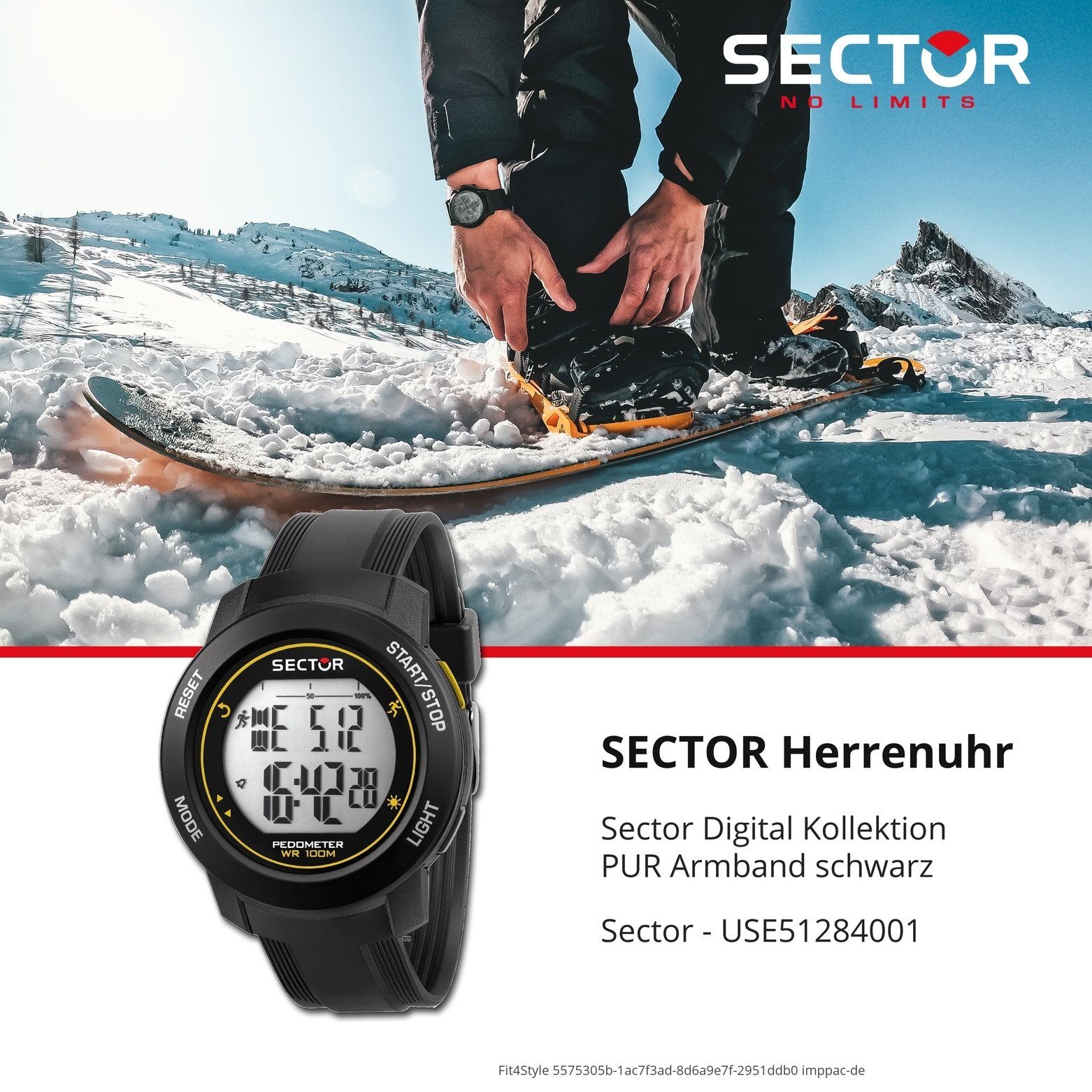 Sector Digitaluhr Sector Herren Armbanduhr Herren PURarmband (ca. eckig, schwarz 43,5x36,5mm), groß Digital, Armbanduhr