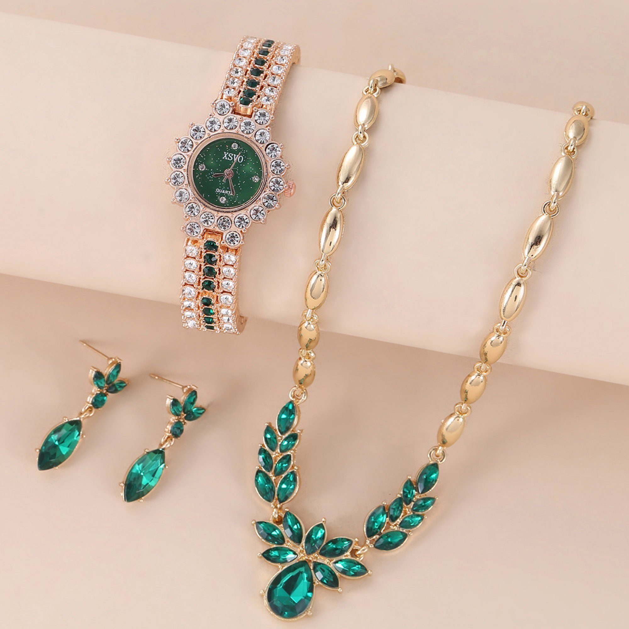 KUGI Quarzuhr 3pcs Damenuhr Set Damen Halskette aus Metall Ohrringe, (3-tlg), Quarz Uhr Kristall Schmuckset Geschenke für Frauen