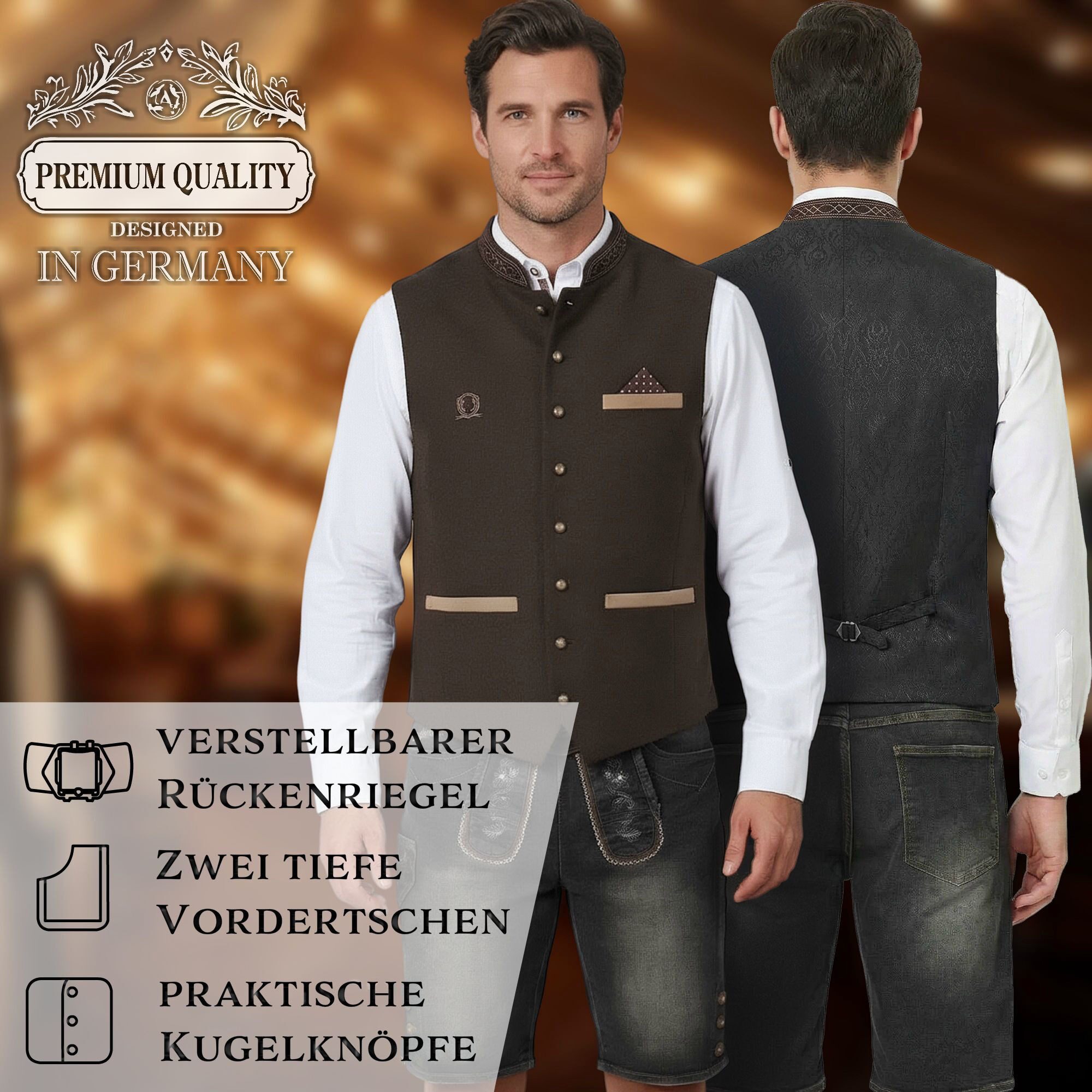 Steigenhöfer Manufaktur Trachtenweste Herren aus Baumwolle - Verstellbarer Rückenriegel - Tiefe Taschen Traditionelle Kugelknöpfe - Einstecktuch - Für ihr Oktob – Bild 5 von 5