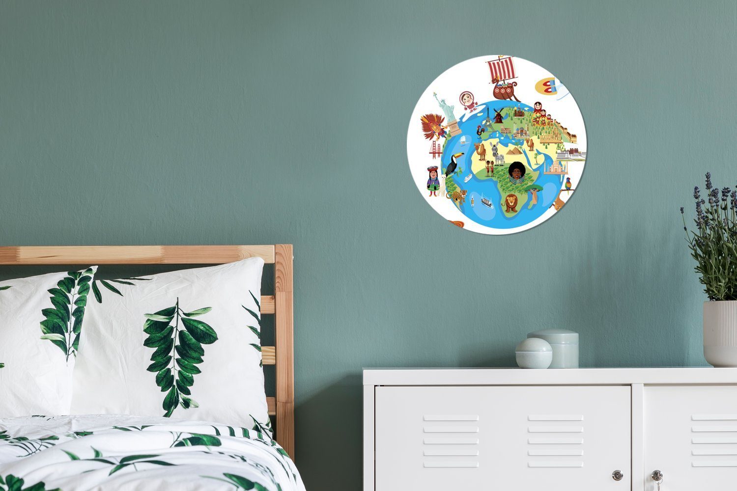 (1 Wohnzimmer Cartoon-Weltkarte Kinderzimmer, Eine einer St), für mit Rund, Wandsticker MuchoWow Tapetenkreis Symbolen Tapetenaufkleber, Illustration