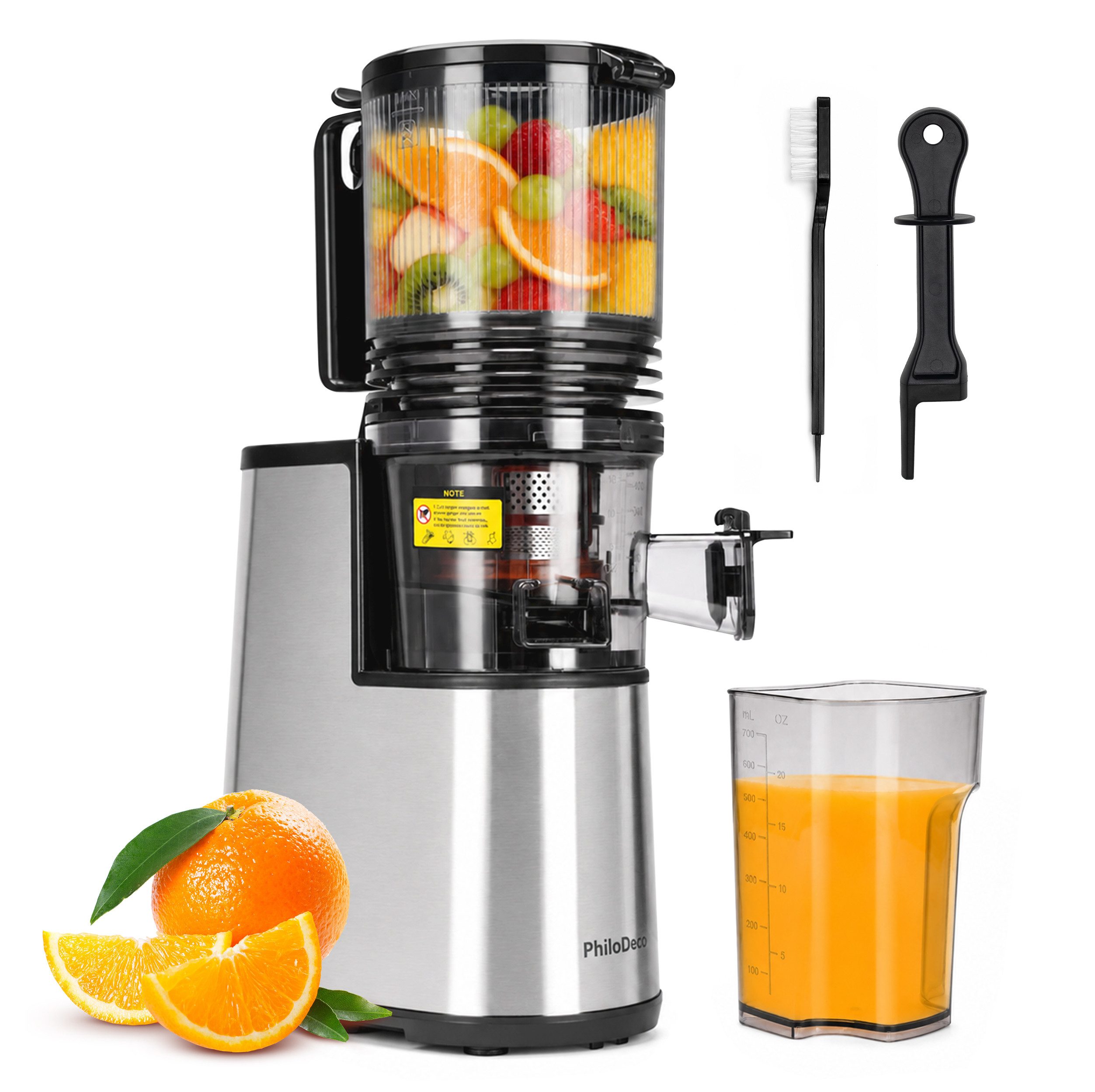 WHEELYOU Slow Juicer Entsafter mit 145-mm-XXL-Öffnung für ganze Früchte und Gemüse, 250 W, Pressschnecke, Filtersystem, Rückwärtslauf, einfache Reinigung