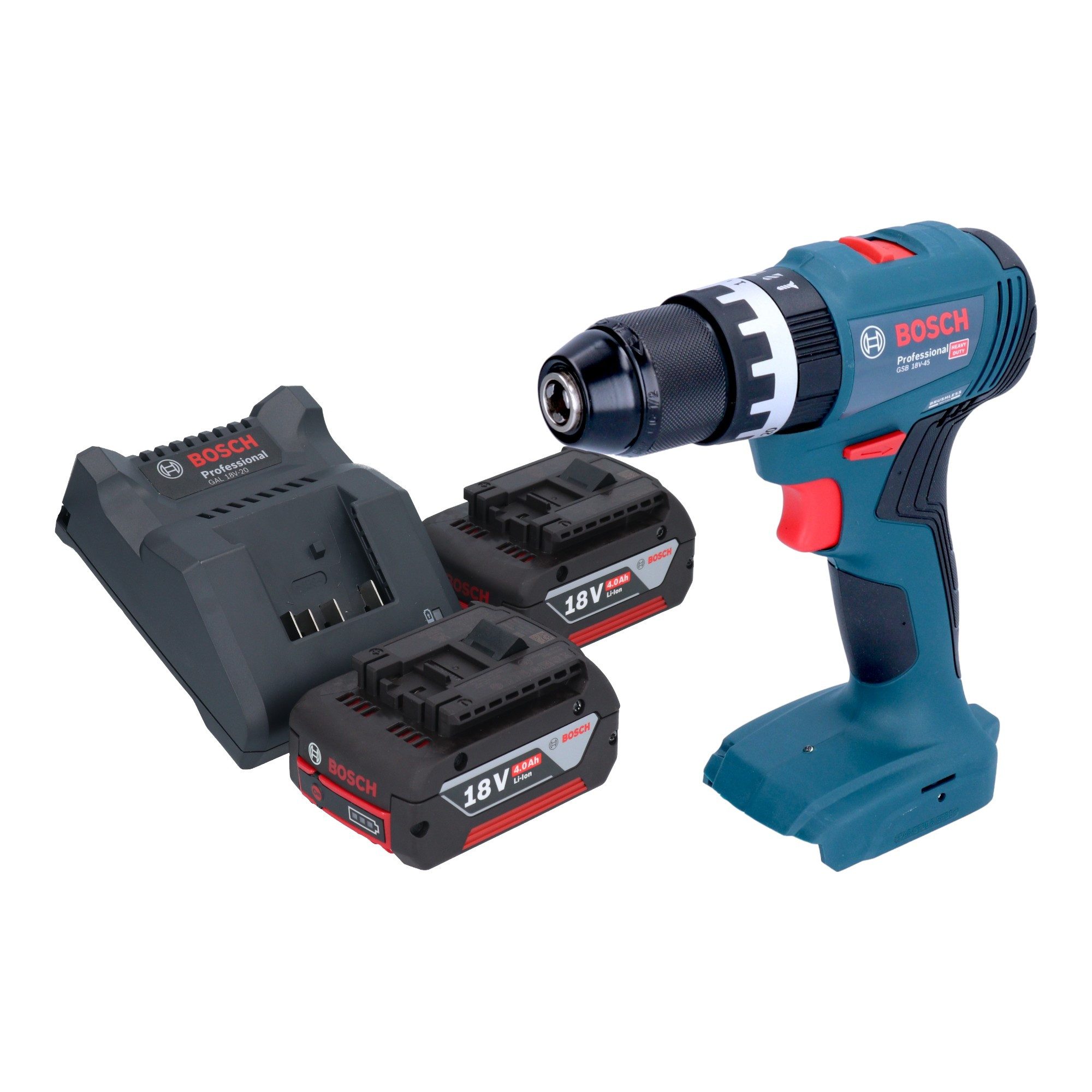 Bosch Professional Schlagbohrmaschine GSB 18V-45 18 V 45 Nm Brushless + 2x Akku 4,0 Ah + Ladegerät