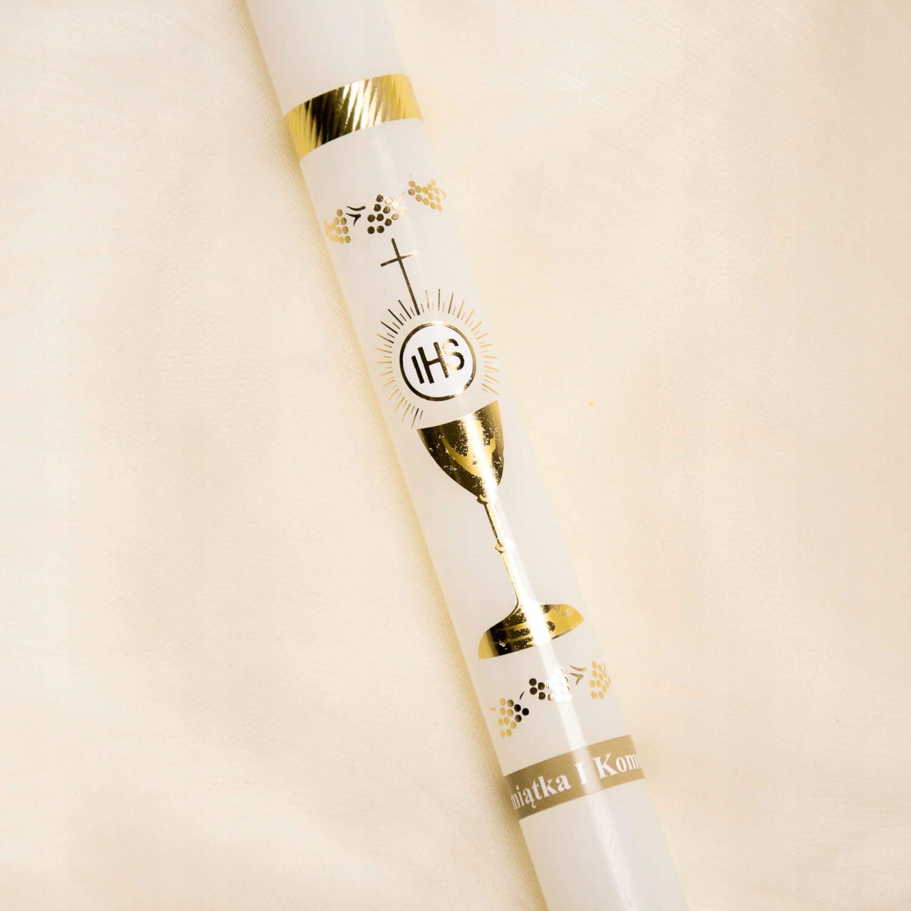 Sacramenta Kommunionskarte Handverzierte Kommunionkerze mit Kelch & Hostie – 40 cm – Weiß-Gold