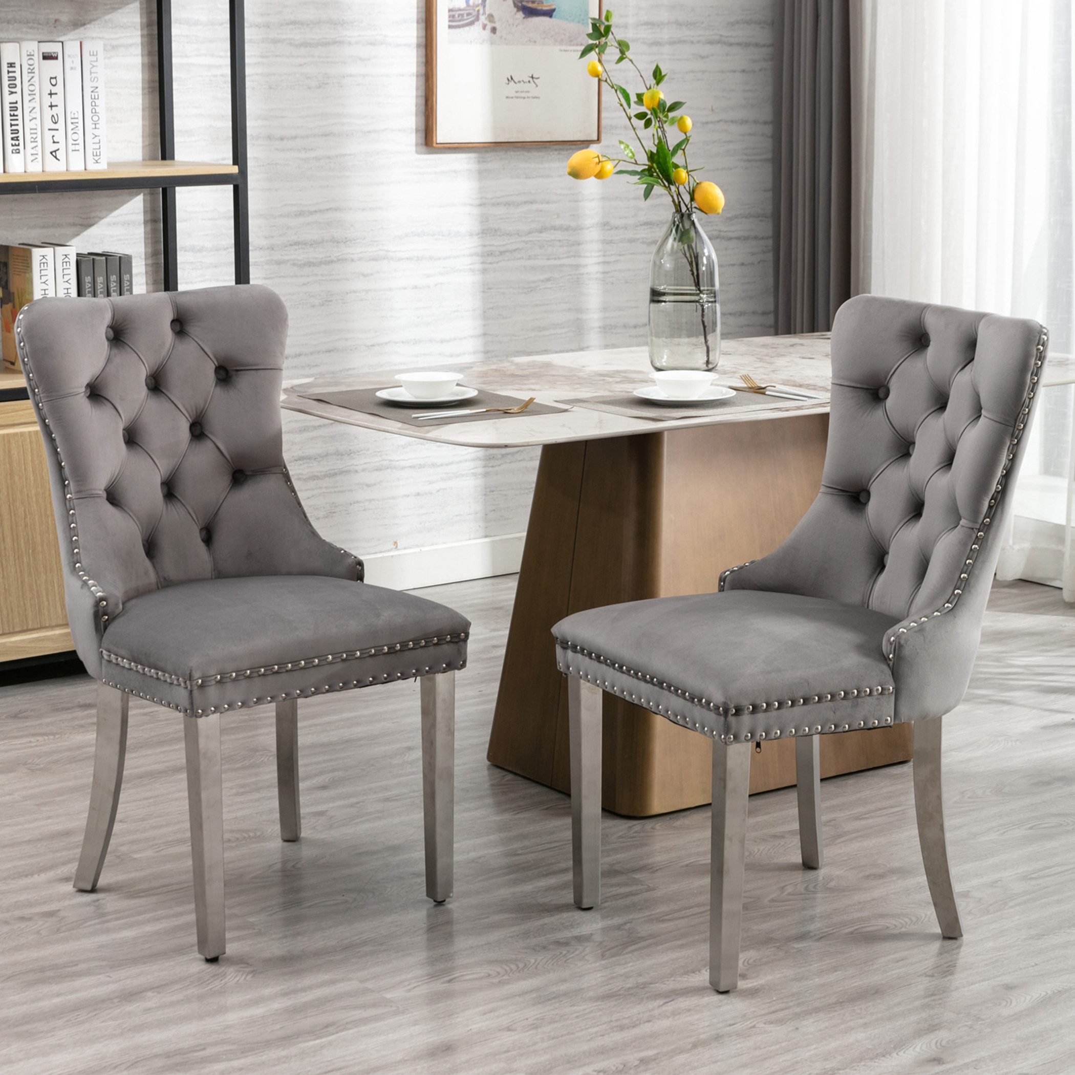 SeedWave Esszimmerstuhl 2er Set Küchenstuhl Samt Polsterstuhl mit Ziernieten, Metallbeinen, Knopf-Rückenlehne, Ringgriffe hinten, verstellbare Fußpads