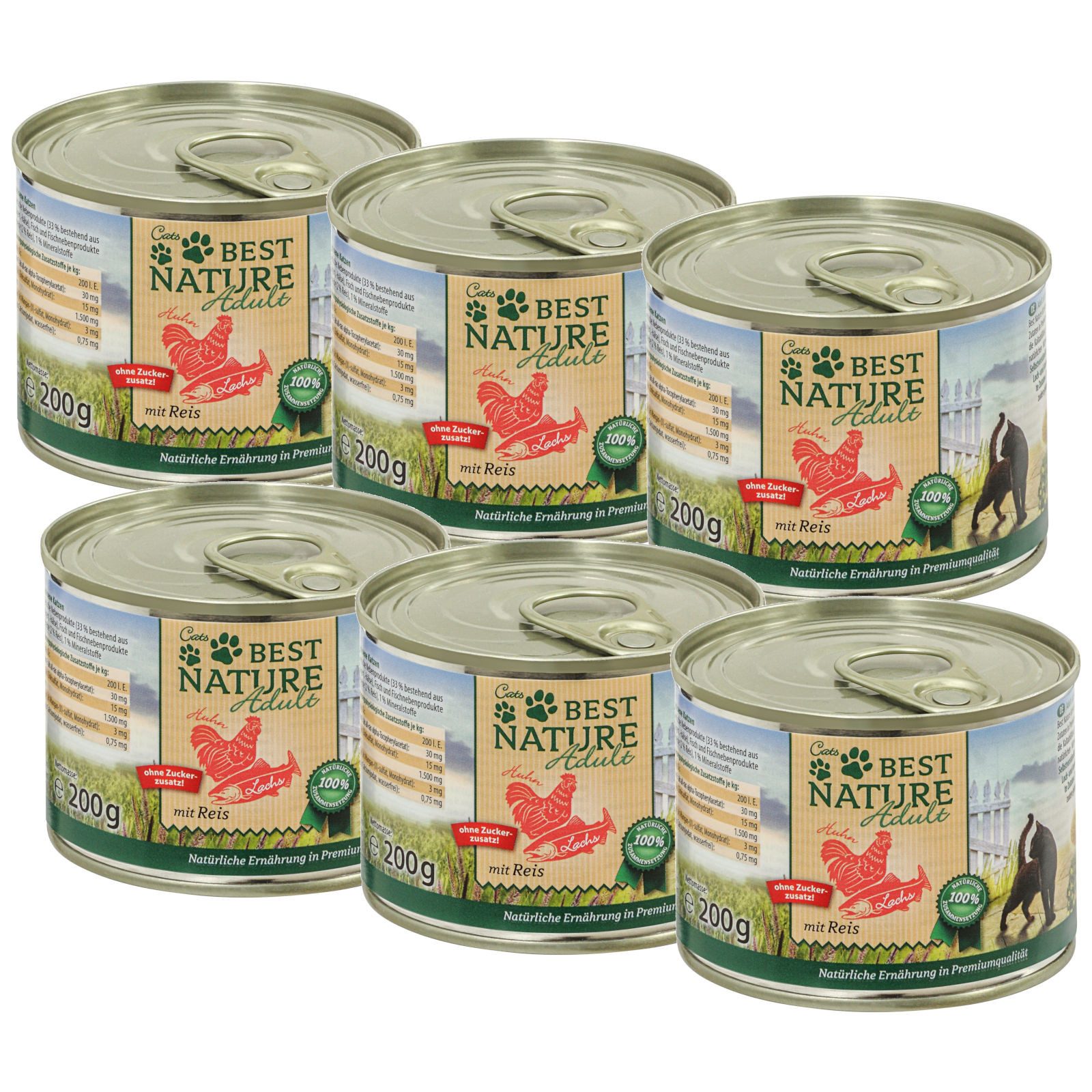 Best Nature Adult Lachs + Huhn + Reis, Nassfutter für Katzen, 6x 200g, Nassfutter für: Katzen
