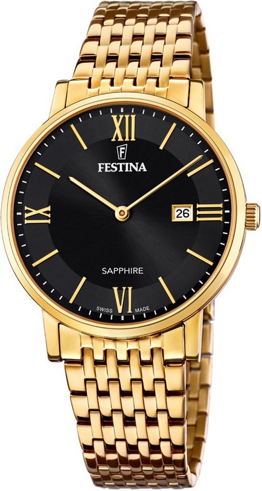 Festina Schweizer Uhr Festina Swiss Made, F20020/3, Gehäuse aus Edelstahl,  goldfb. PVD-beschichtet, Ø ca. 40 mm