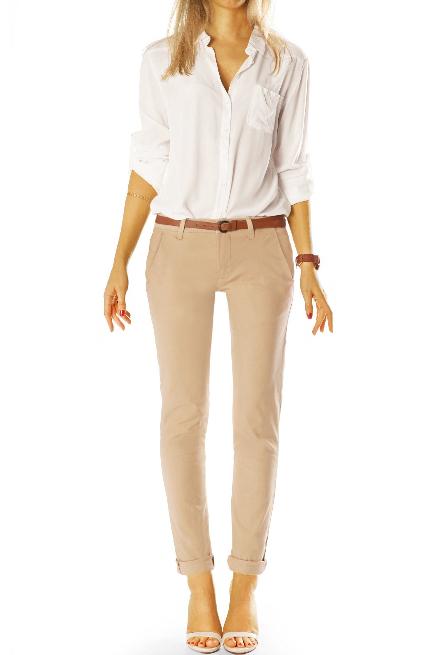 Hose Damen - Hüfthosen Chinohose Stretch, in Chino be Stoffhosen dunkelblau mit Hüftige styled - j10m-3 Unifarben