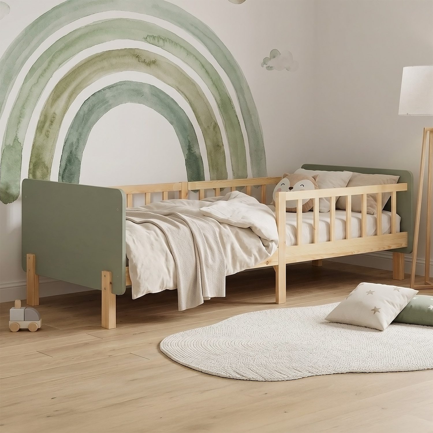 Homestyle4u Kinderbett 90x200 Holzbett Einzelbett Rausfallschutz Gestell Kinderzimmer (Set, mit Lattenrost), Grün