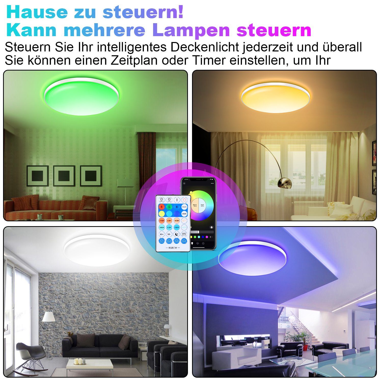 Gimisgu LED Deckenleuchte 30W mit Deckenleuchte Wohnzimmer Deckenlampe Fernbedienung RGB LED