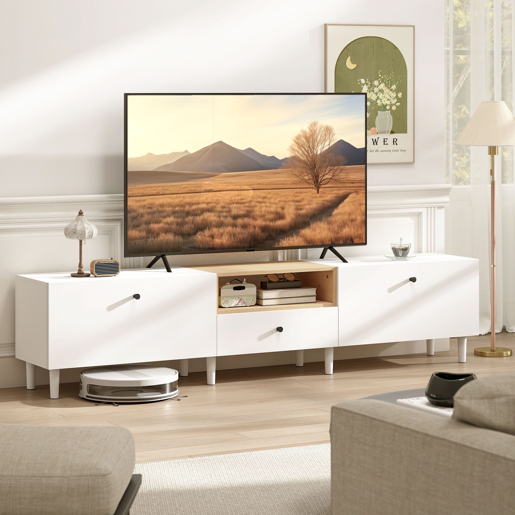 HOMCOM TV-Board TV Schrank 200 cm für Fernseher bis zu 90 Zoll Fernsehtisch (TV Lowboard, 1 St., Fernsehschrank), für Wohnzimmer, Schlafzimmer, Weiß+Naturholz