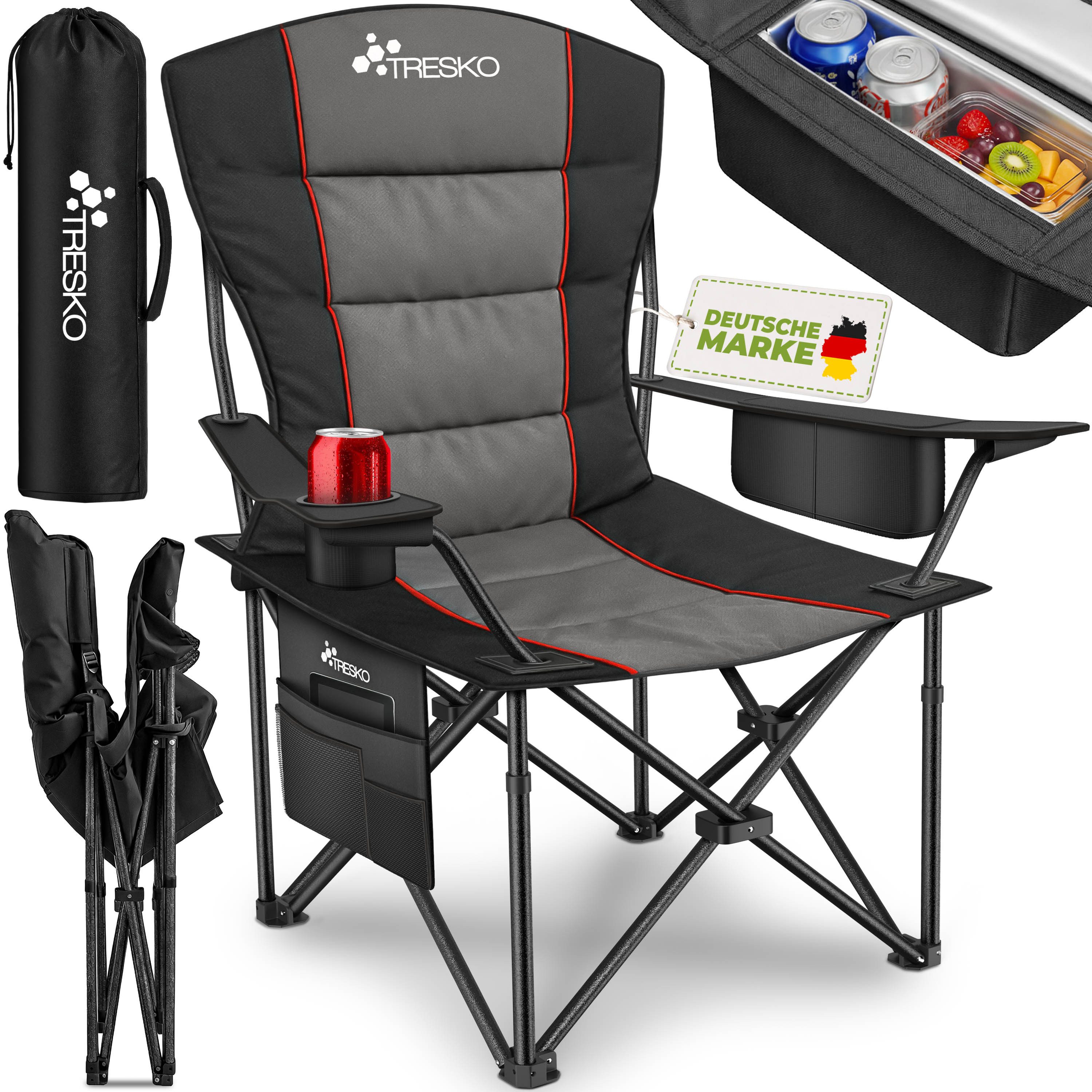 TRESKO Campingstuhl Faltbar bis 200kg Faltstuhl mit Kühltasche, Getränkehalter (Seitentasche, Klappstuhl XXL inkl. Tragetasche Angelstuhl), gepolstert für Outdoor, Angeln, Festival & Garten