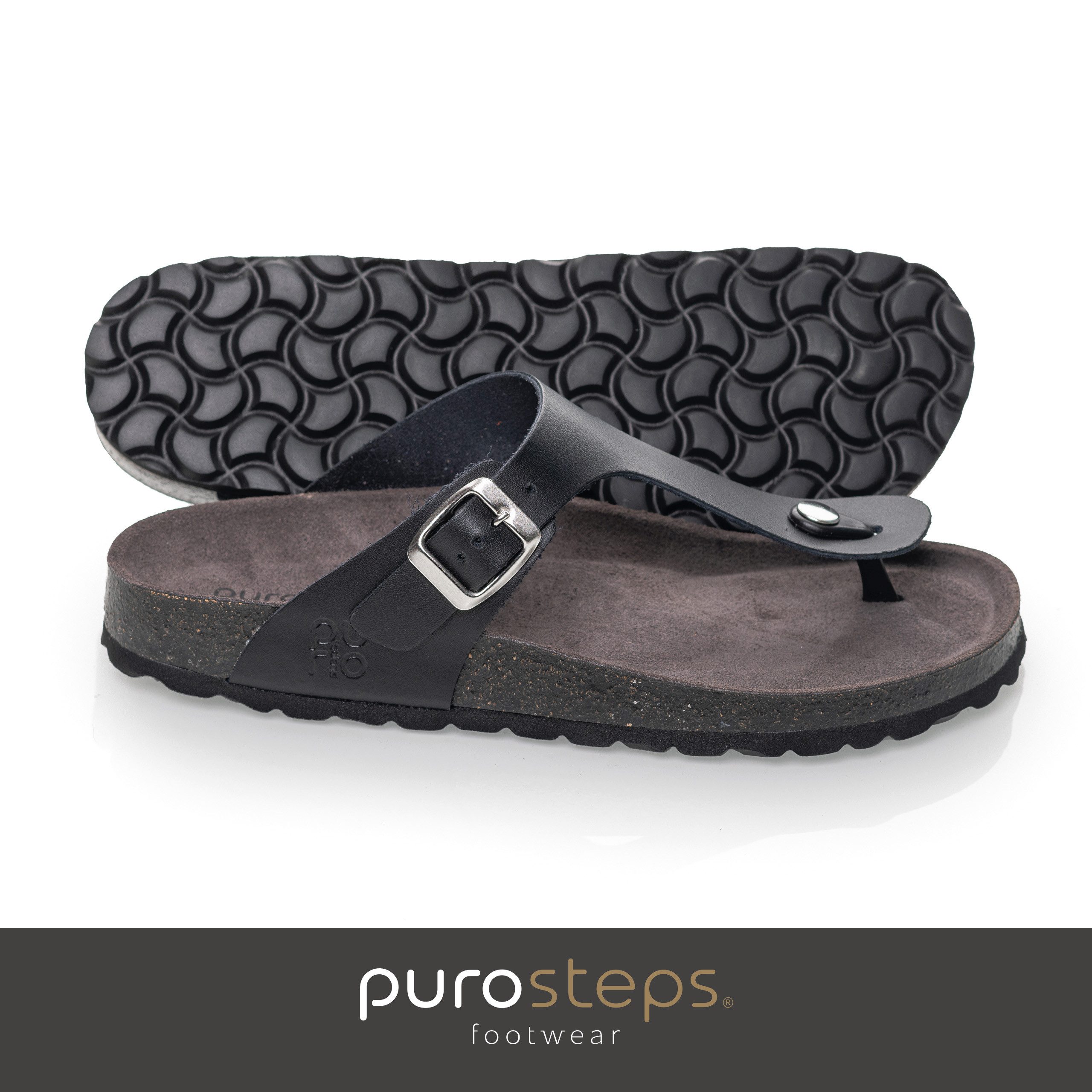 purosteps Marbella-Eco 14943-schwarz-grau Sandale Echtes Leder, Natur Materialien, Komfortables Fußbett, Made in Spain