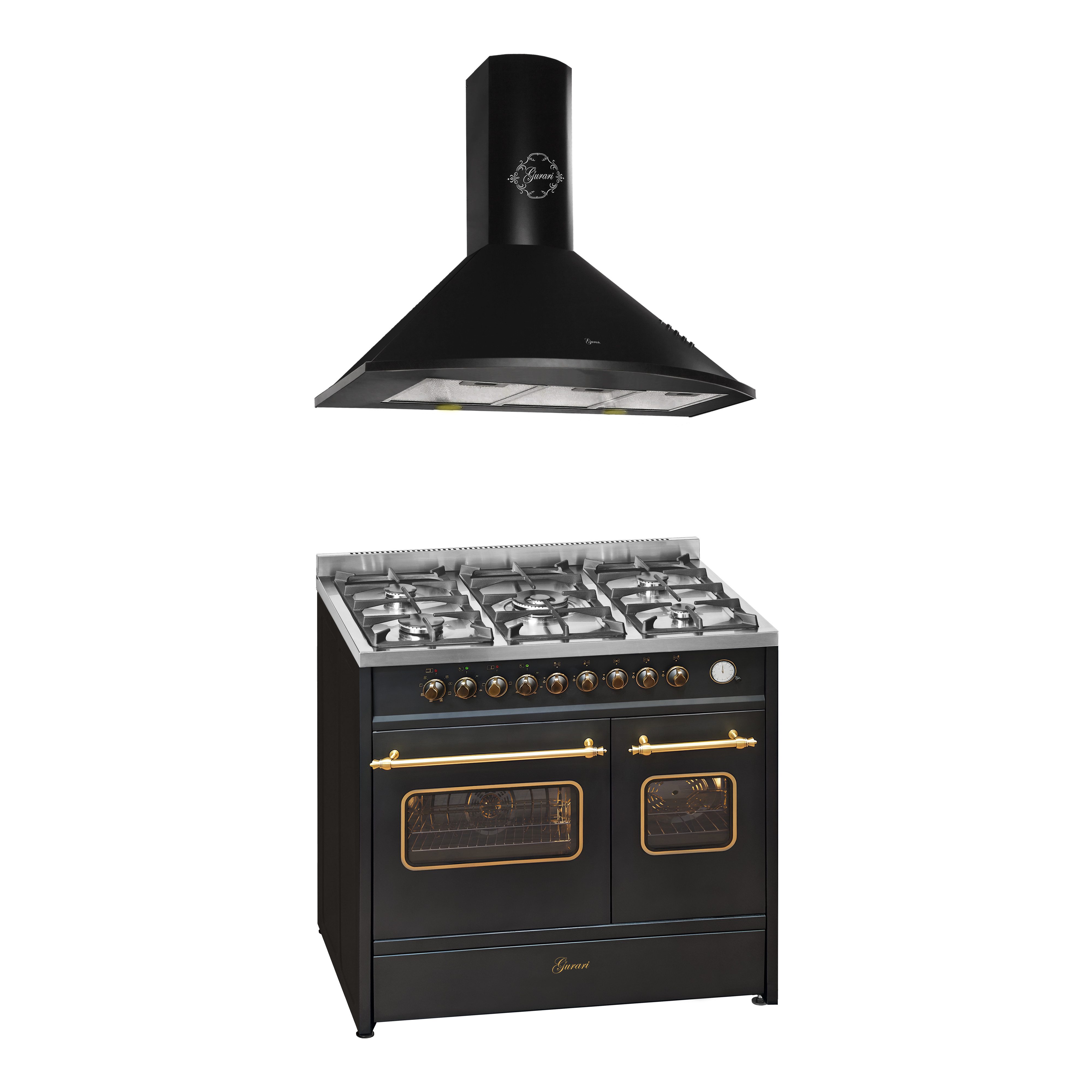 GURARI Gas-Standherd GCH E 916 BL R+GCH 046 Bl 9, mit 1-fach-Teleskopauszug, Retro Gas Elektro Standherd 90 cm+Dunstabzugshaube 90 cm