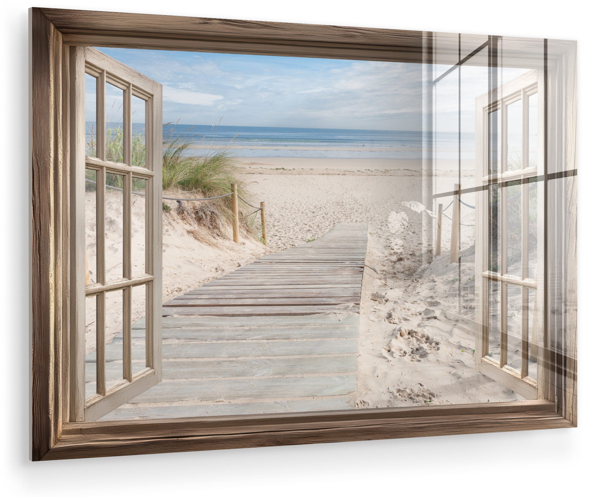 MuchoWow Acrylglasbild Durchblick - Strand - Dünen - Weg - Landschaft, Inkl. Aufhängung, Glasbilder Wohnzimmer, Schlafzimmer, Flur & Esszimmer, 30x20 cm