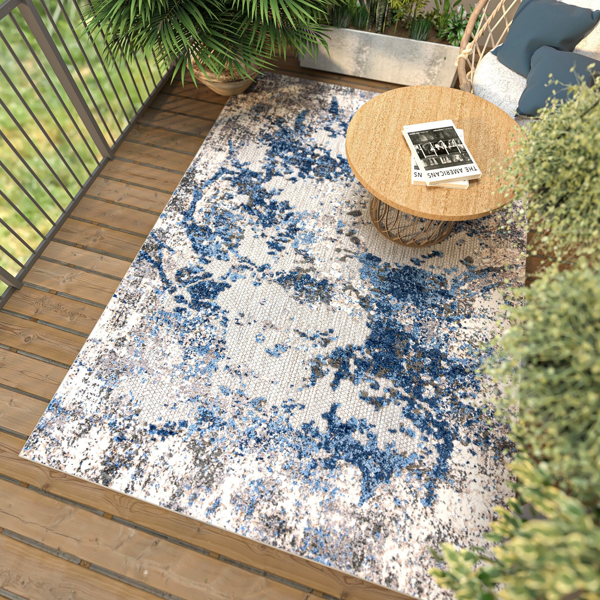 Mazovia Designteppich In- & Outdoor Teppich Wetterfest & UV-beständig Balkon - Blau Grau, 80 x 150 cm, Höhe 6 mm, Kurzflor, Weich, Pflegeleicht, Flachgewebe
