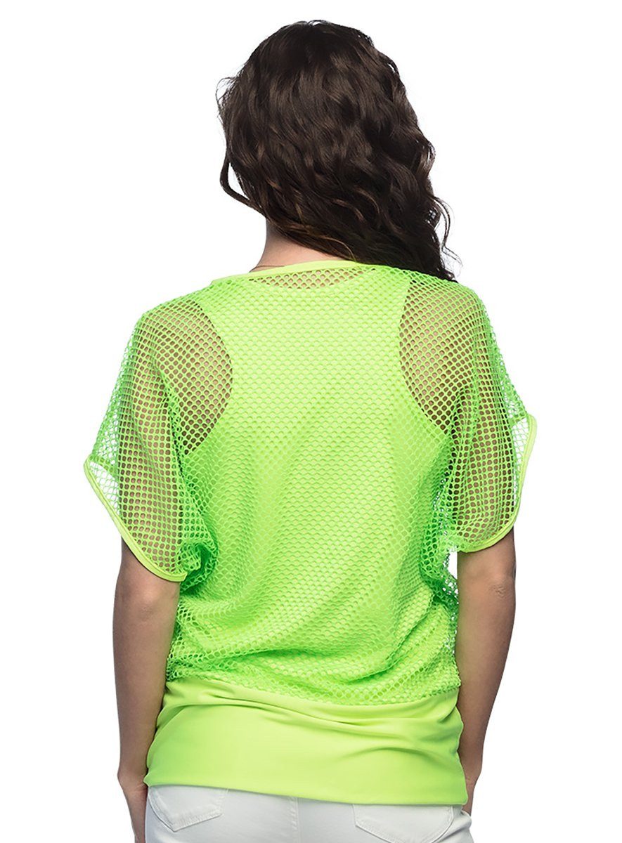 Boland Kostüm Kurzarm Netzhemd neon-grün, Blickdichtes Tanktop mit übergestülptem Netzshirt