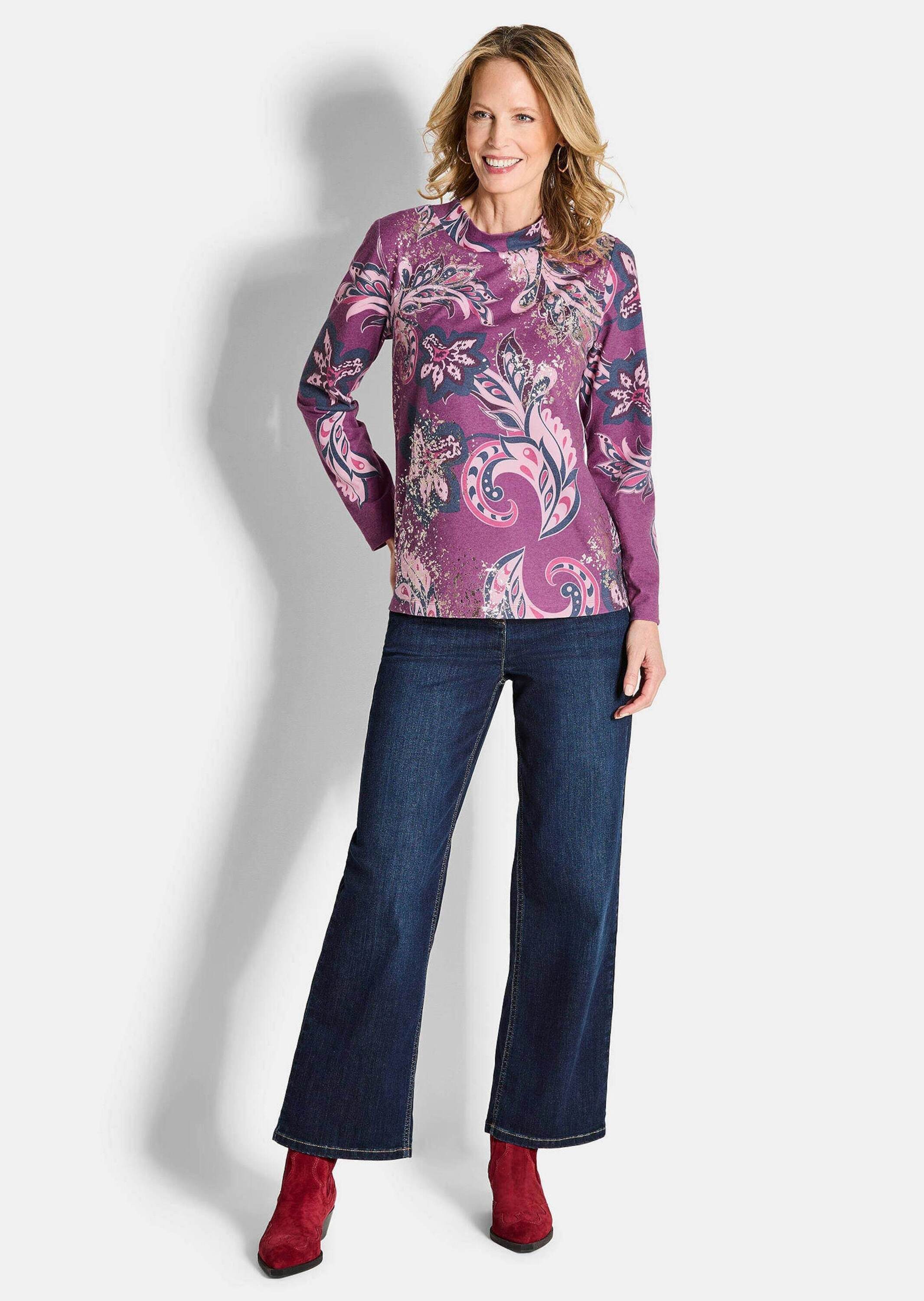 GOLDNER Sweatshirt Langarmshirt im Paisley-Design Flauschig-weiches Sweatshirt mit U-Boot-Ausschnitt, Allover-Print