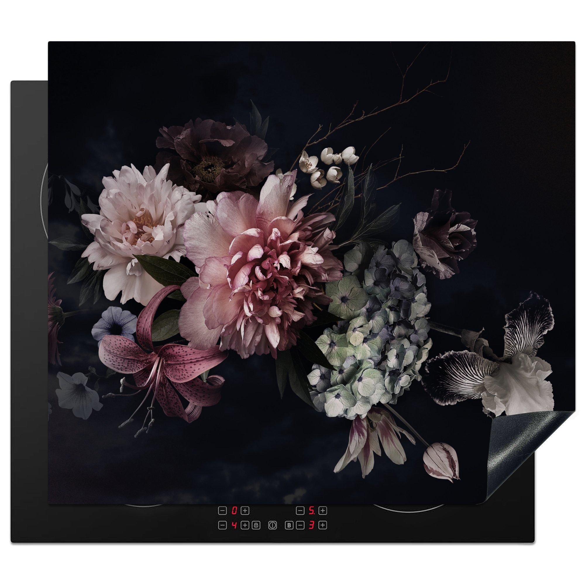 MuchoWow Herdblende-/Abdeckplatte Blumen - Vintage - Pastell - Rosa - Weiß, Vinyl, (1 tlg), 59x51 cm, Induktionsschutz, Induktionskochfeld, Ceranfeldabdeckung