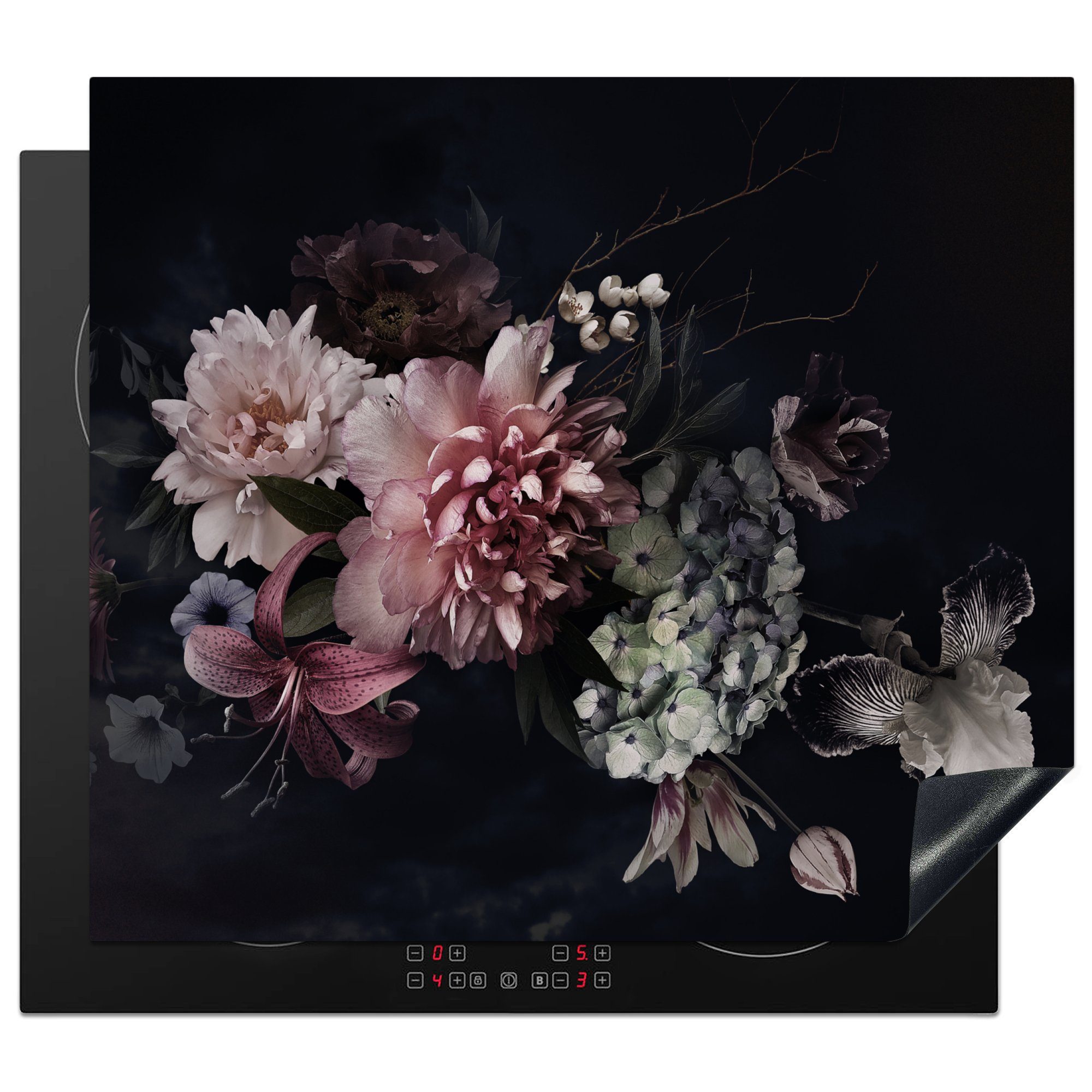 MuchoWow Herd-Abdeckplatte Blumen - Vintage - Pastell - Rosa - Weiß, Vinyl, (1 tlg), Abdeckplatte für Ceranfeld, Herd Inductionsmatte, 57.6x51.6 cm