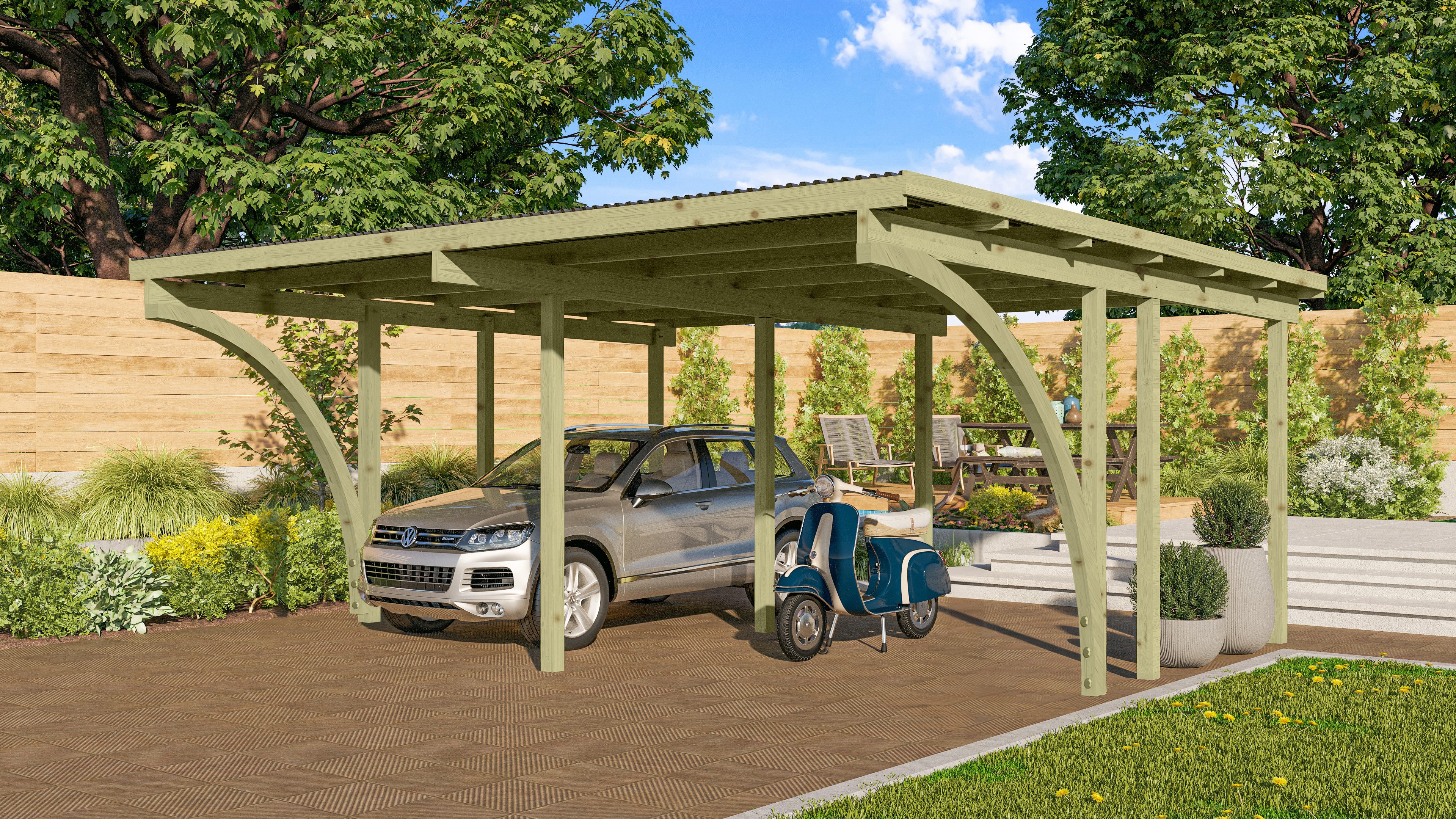 Karibu Doppelcarport »ECO 1« Variante C, kesseldruckimprägniert, BxT: 527x387 cm, 206 cm Einfahrtshöhe, aus Masivholz