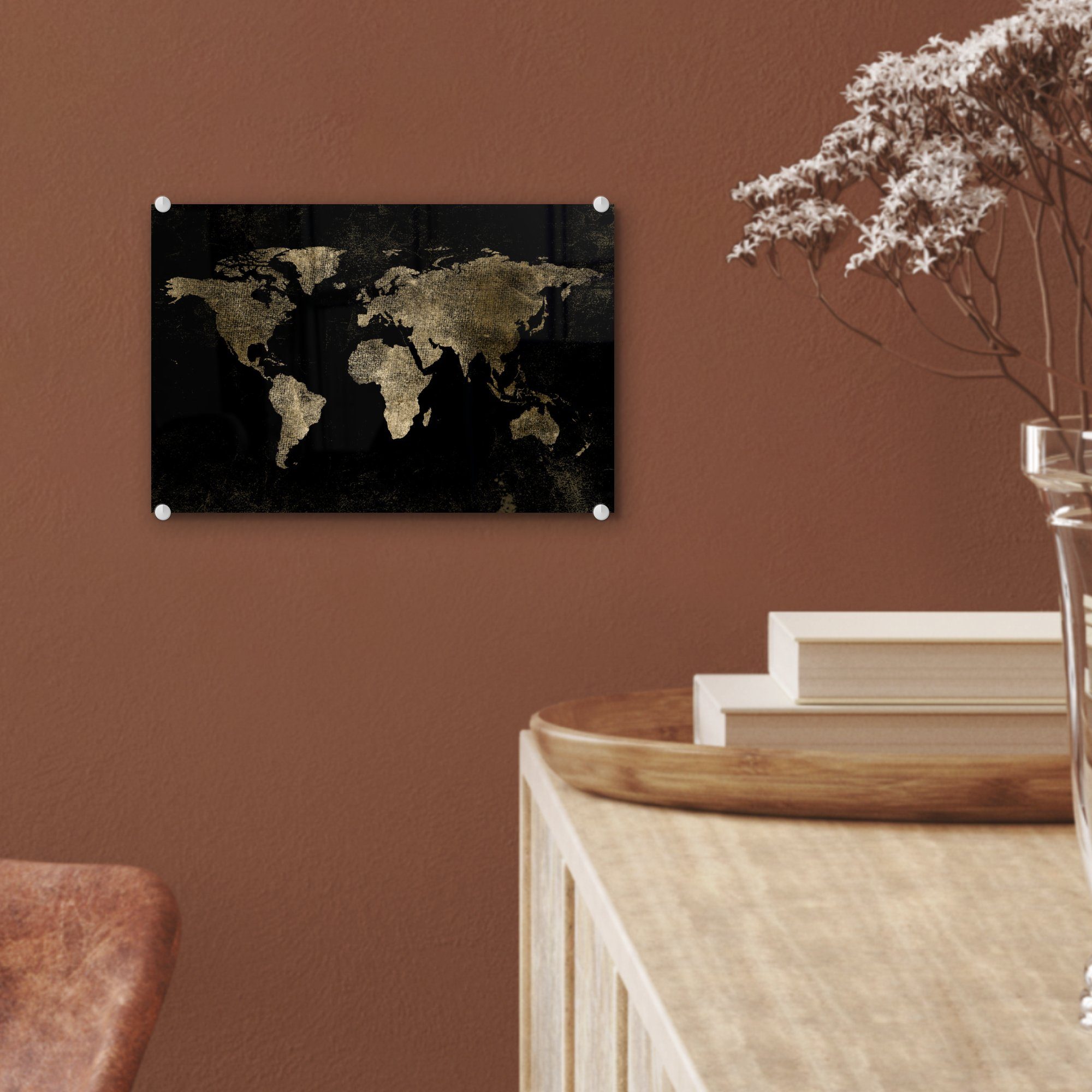 Schwarz Weltkarte (1 auf MuchoWow - Acrylglasbild Weltkarte Gold, Glas Foto - Glasbilder - Glas Gold Wandbild Bilder St), - - Wanddekoration auf -