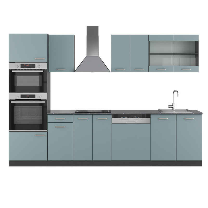 Vicco Küchenzeile R-Line, Blau-Grau/Anthrazit, 300cm mit Hochschrank ohne Arbeitsplatte